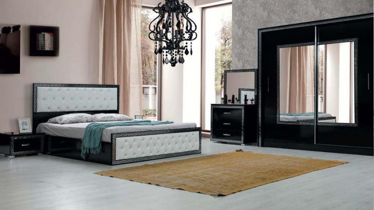 JVmoebel Schlafzimmer-Set Schlafzimmer Möbel Chesterfield Bett Kommode Nachttische Schrank Holz, Made In Europe