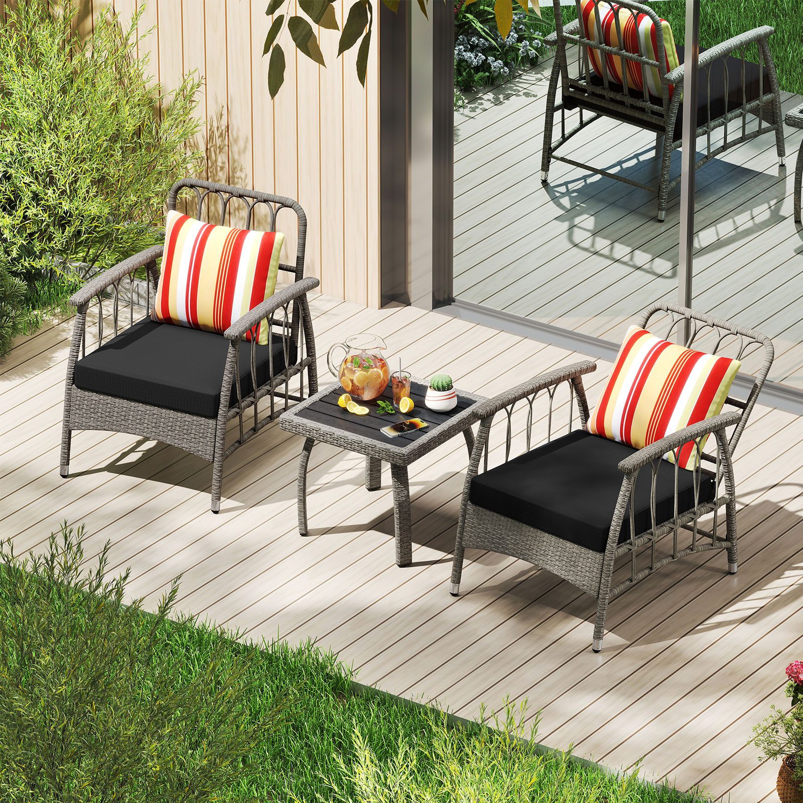 COSTWAY Gartenlounge-Set, (3-tlg), Terrassenmöbel-Set, 5-Fach verstellbar, PE