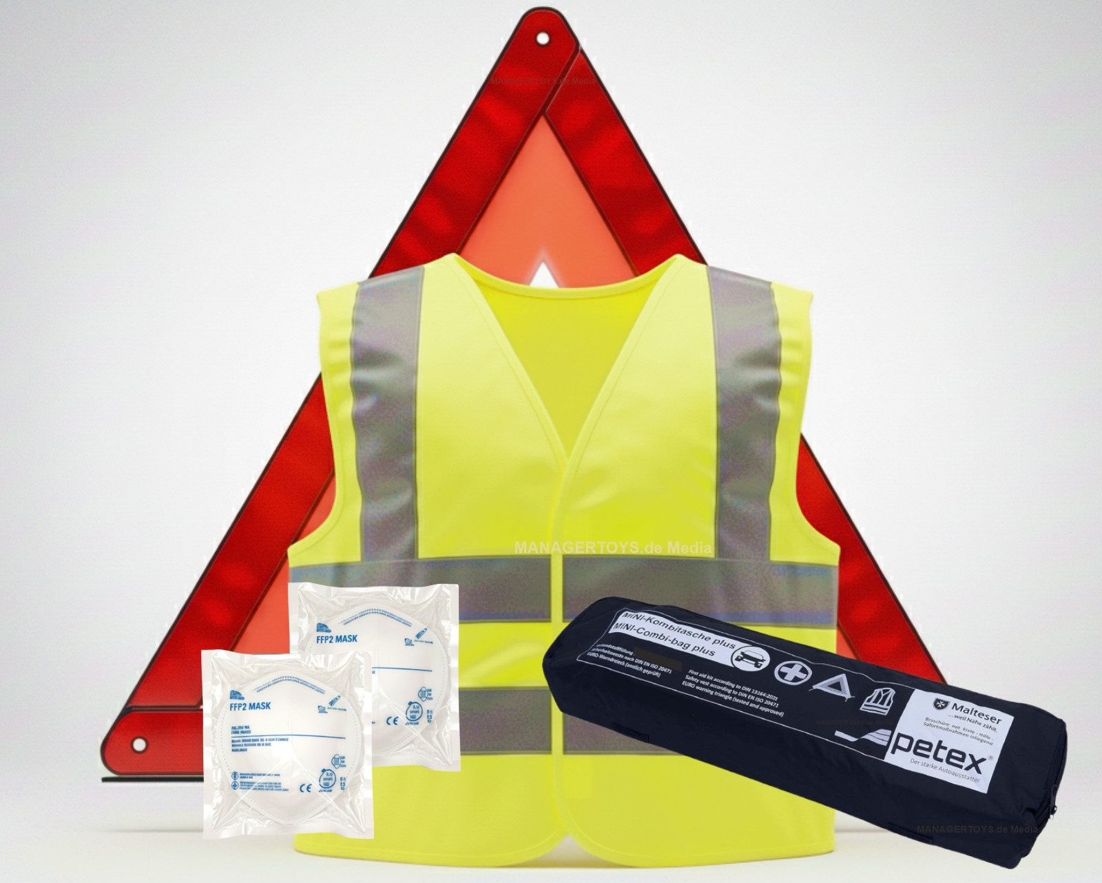 Petex KFZ-Verbandtasche Verbandskasten Warnweste Warndreieck Pannen Notfall Set mit 2x FFP2