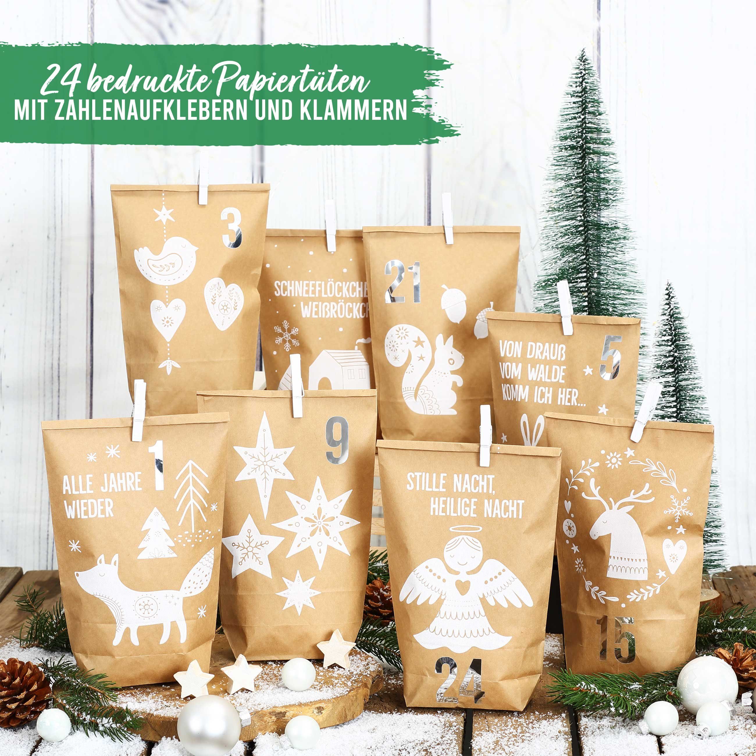 PAPIERDRACHEN befüllbarer Adventskalender DIY Adventskalender - 24 Geschenktüten, 24 Zahlenaufkleber & Klammern