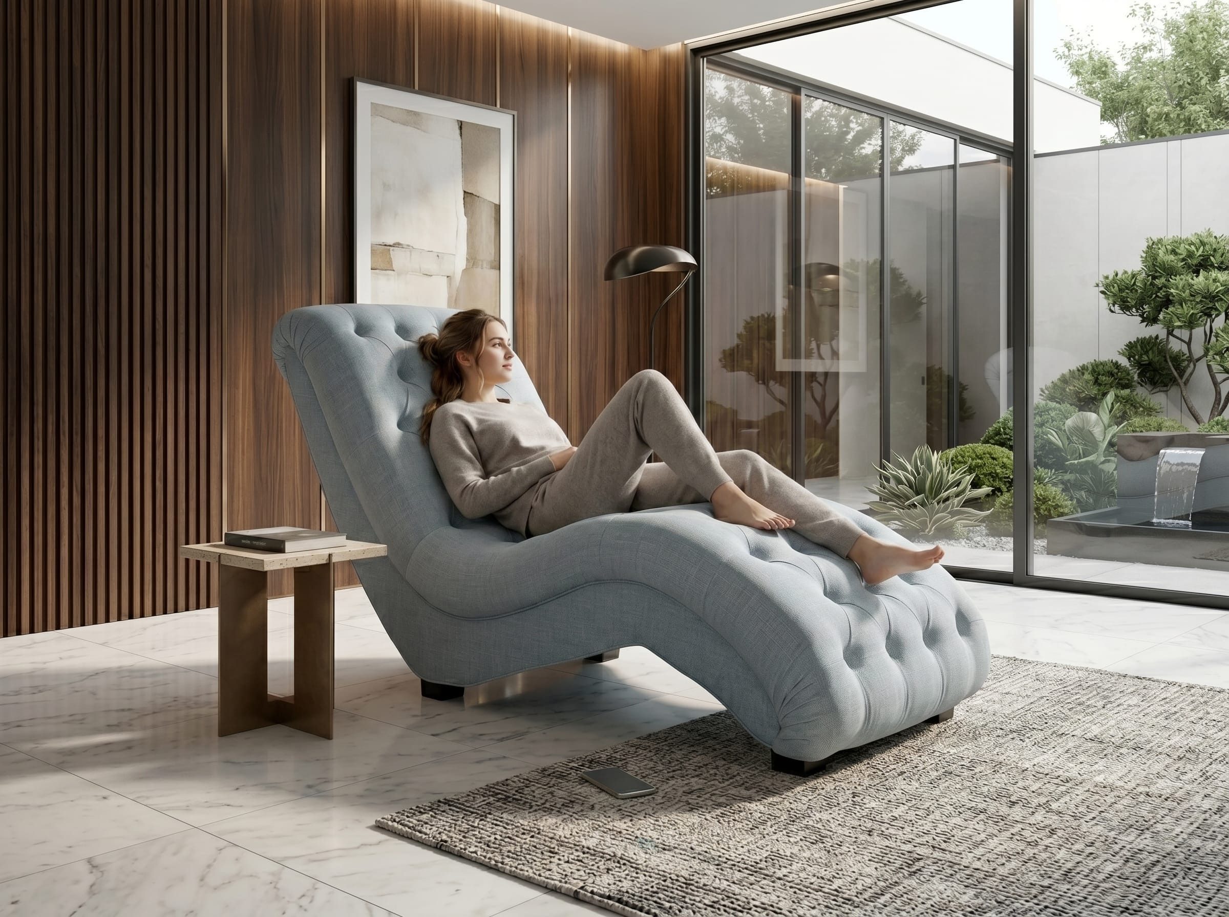 JVmoebel Relaxliege Graue Chaiselongue Stoff Liegestuhl Terrassenmöbel Polstermöbel, 1 Teile, Made in Europa