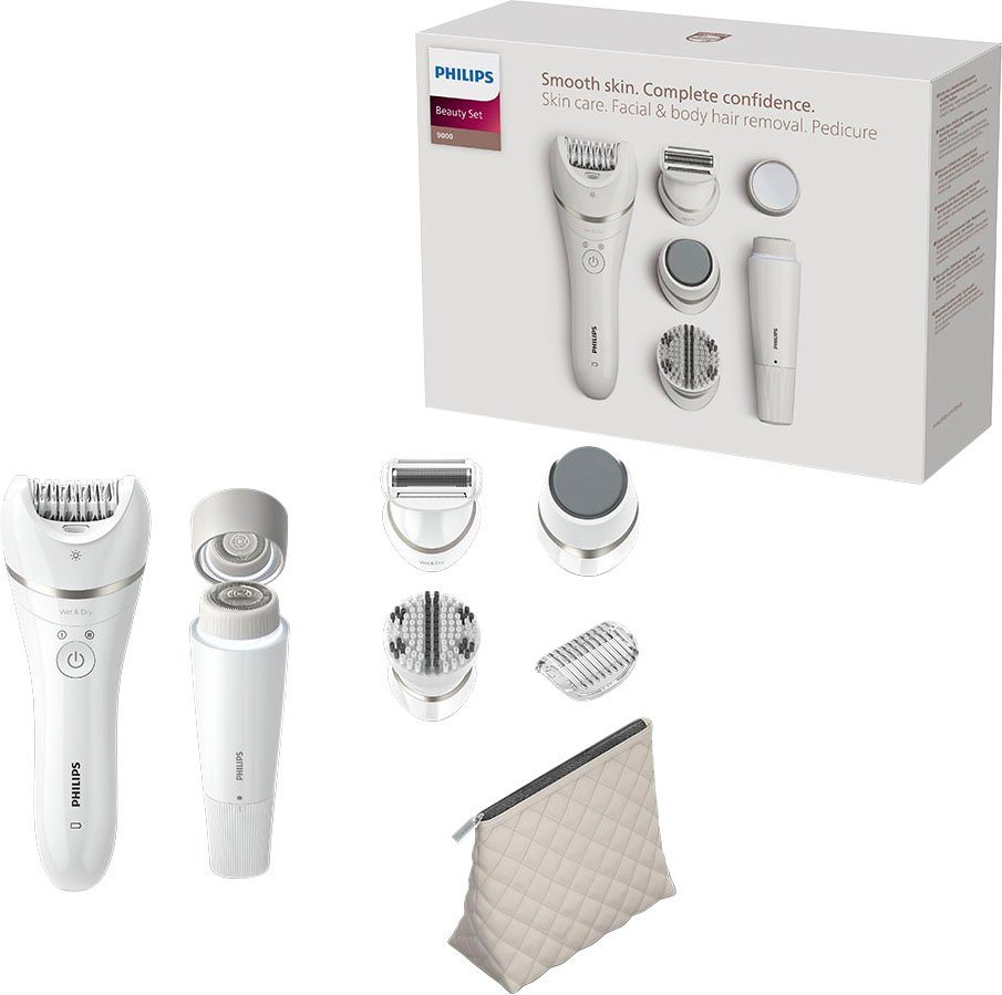 Philips Epilierer Beauty Set Series 9000 BRE770/92, Aufsätze: 5 St., inkl.  Gesichtshaarentferner und Tasche, Nass-und Trockenfunktion, Inklusive 5  Aufsätzen, 1 Aufbewahrungstasche, 1 Gesichtshaarentferner