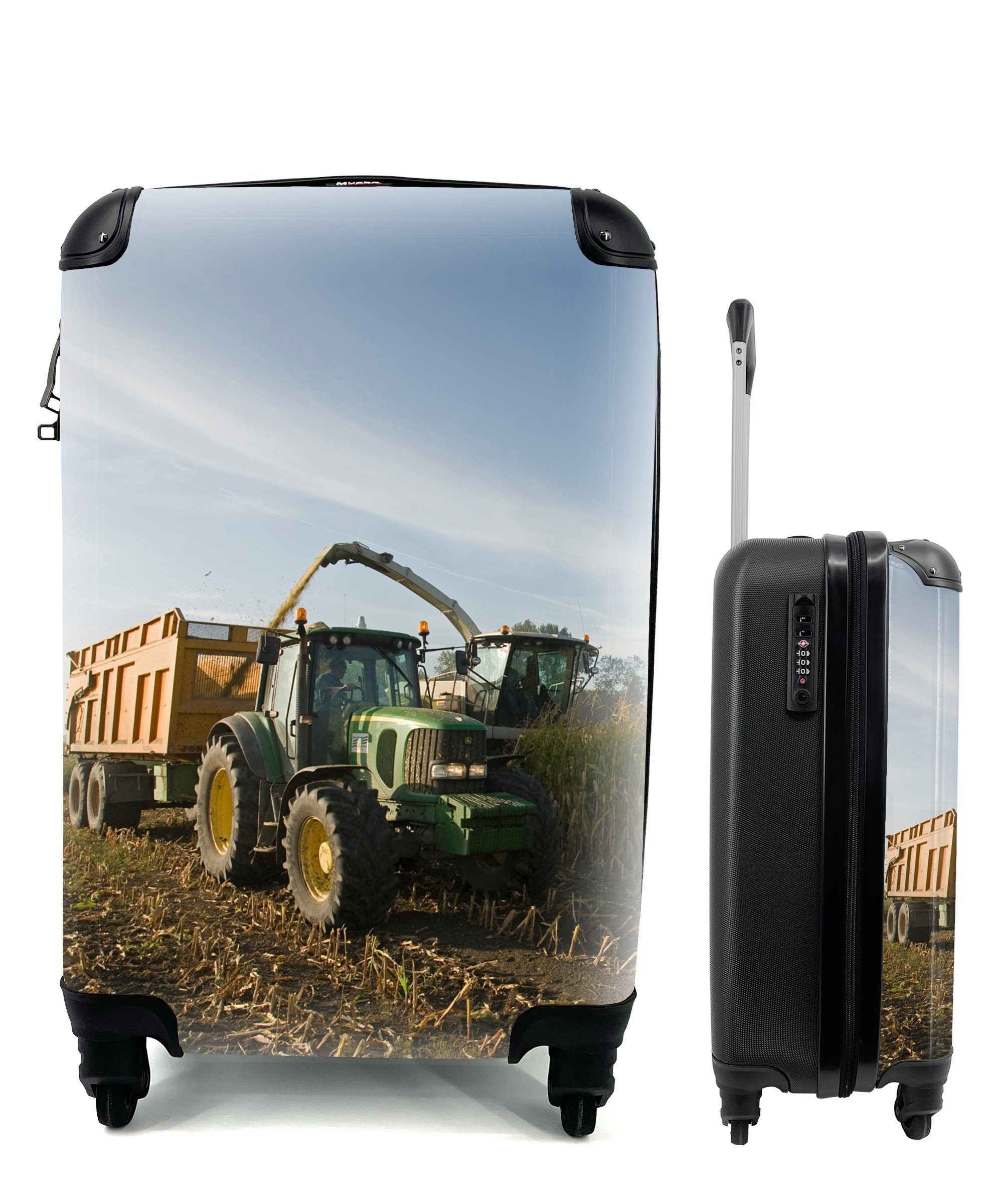 MuchoWow Handgepäckkoffer Traktor - Anhänger - Mais - Grün - Landleben, 4 Rollen, Reisetasche mit rollen, Handgepäck für Ferien, Trolley, Reisekoffer