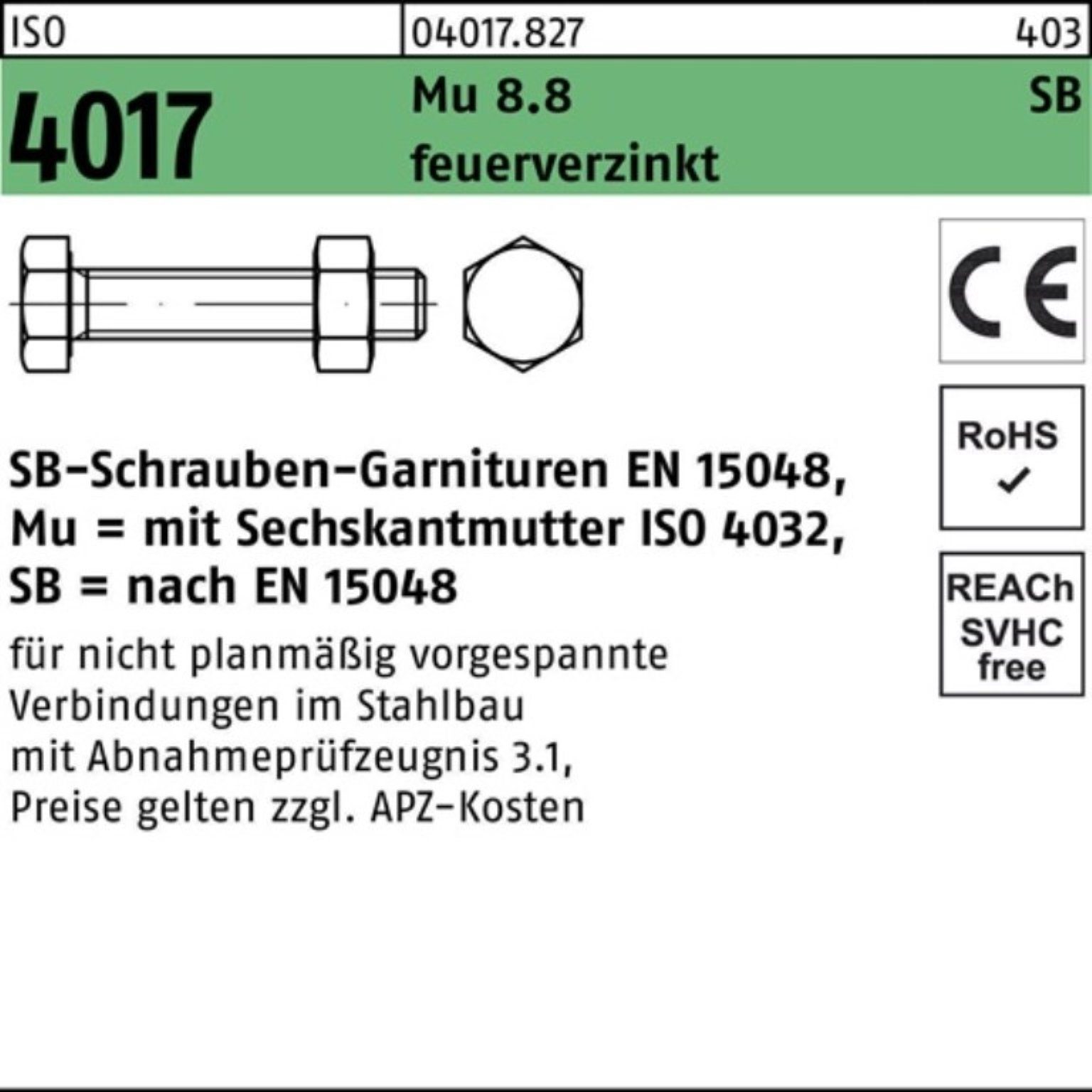 feuerverz. Sechskantschraube ISO Pack 100er Mutter Bufab 8.8 4017 65 VG M20x Sechskantschraube