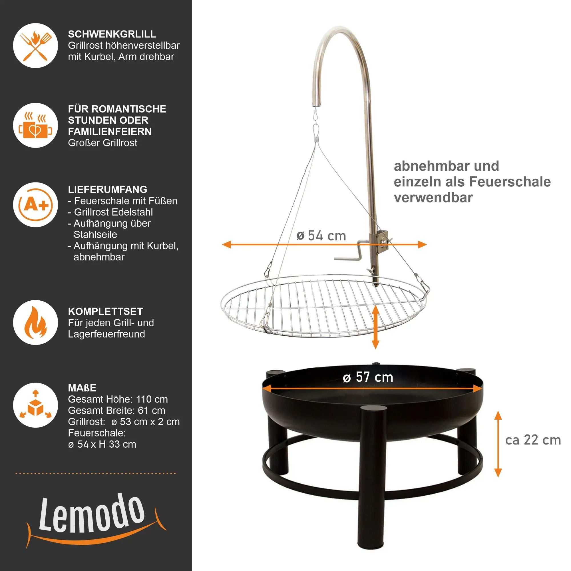 Lemodo fire bowl swivel grill with height-adjustable grill grate, (1 set), swivel grill with grill grate, height-adjustable with crank, fire pit