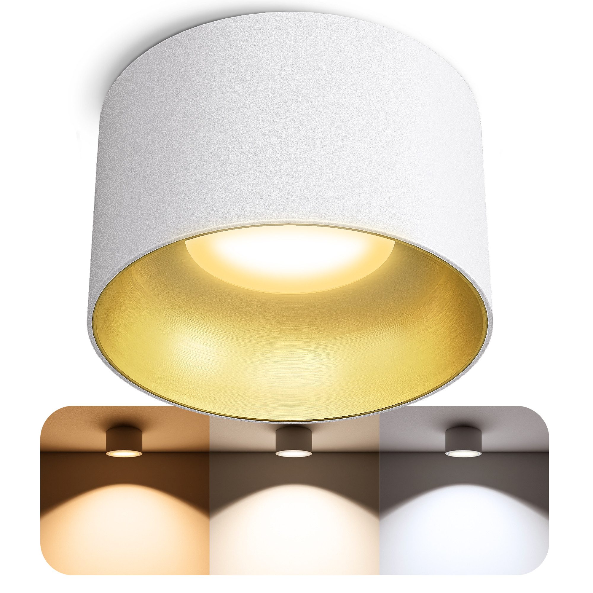 SSC-LUXon LED Aufbaustrahler BAHIO LED Aufbauspot weiß gold 6W dimmbar 3CCT Downlight, Neutralweiß, Warmweiß, Tageslichtweiß