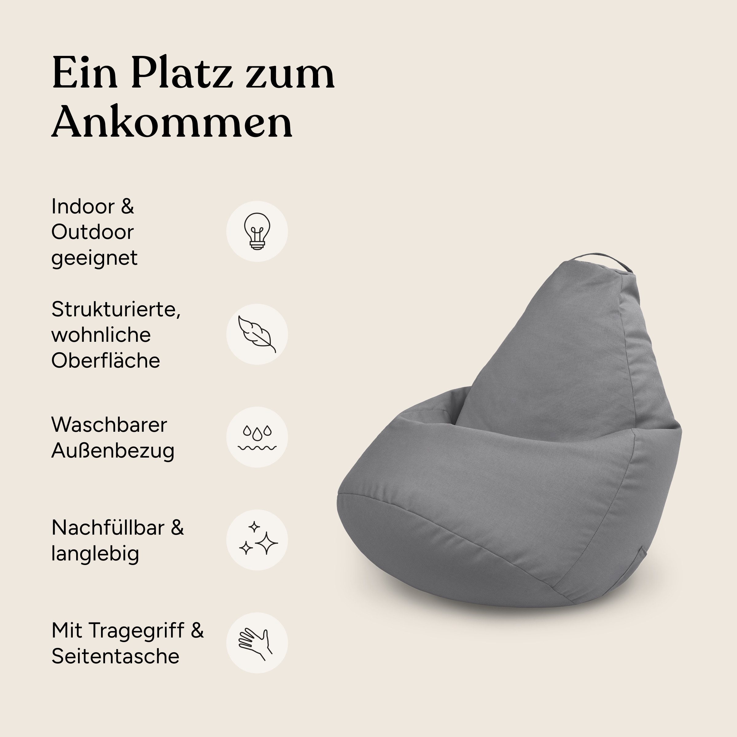 Ehrenkind Sitzsack Outdoor & Indoor in zwei Größen (Kinder-Sitzsack Grau, Vielseitiger Outdoor-Sitzsack für Kinder und Erwachsene), wasserabweisender Stoff, Außenbezug waschbar