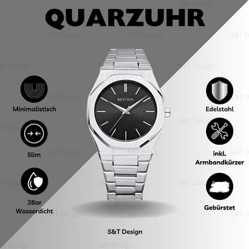 S&T Design Quarzuhr Herren Edelstahl Armbanduhr Quarz, (inkl. Uhrenetui, und Armbandkürzer), Armbanduhr für Herren, Achteckig, Wasserdicht