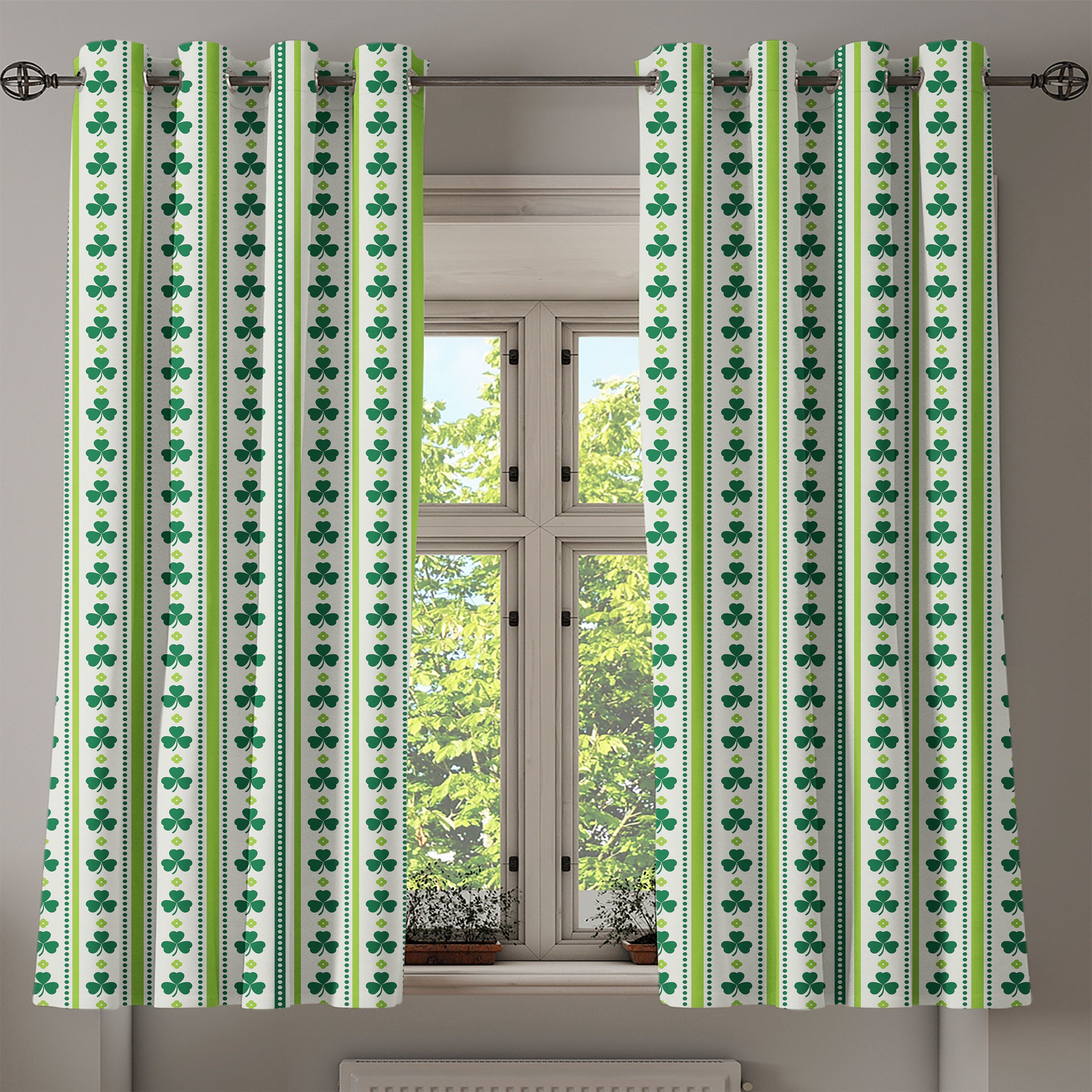 Gardine Dekorative Linien Punkte 2-Panel-Fenstervorhänge Abakuhaus, Schlafzimmer Clovers für Wohnzimmer, Blumen Irish