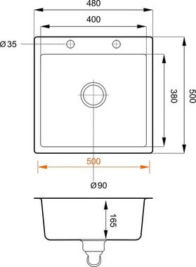 Faizee Möbel Granitspüle Granitspüle 48x50 Schwarz + Armatur Küchenspüle inkl. Siphon Set, eckig, 48/50 cm