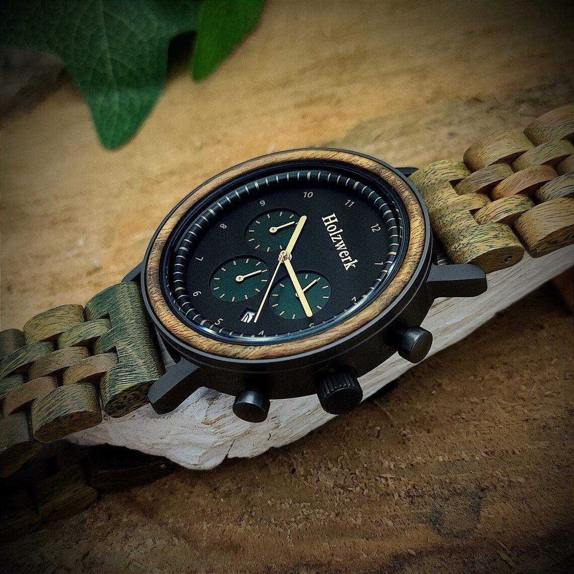 Holzwerk Chronograph BERGHEIM Damen & Herren Holz Armband Uhr mit Datum, schwarz, grün