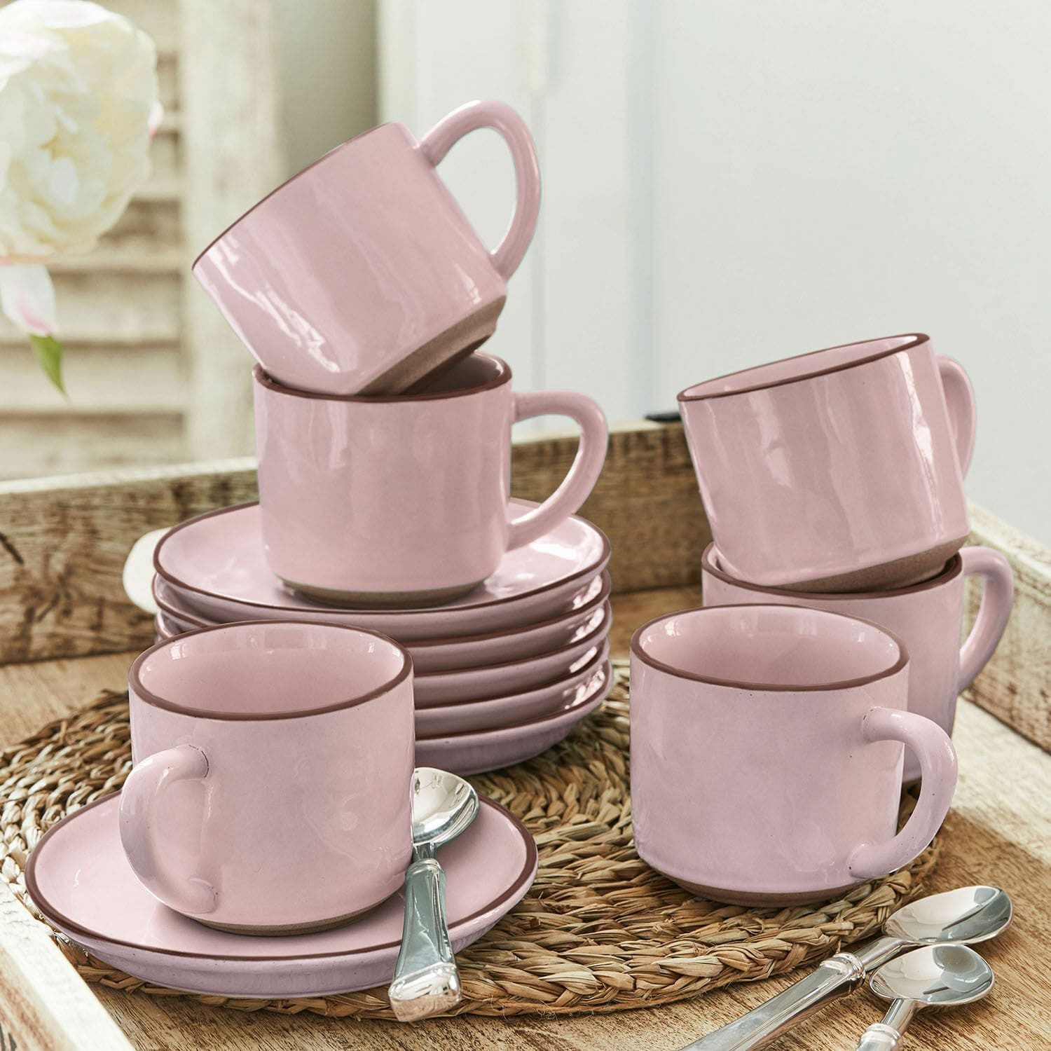 Mirabeau Geschirr-Set Tasse mit Untertasse 6er Set Biarré rosa, Steinzeug