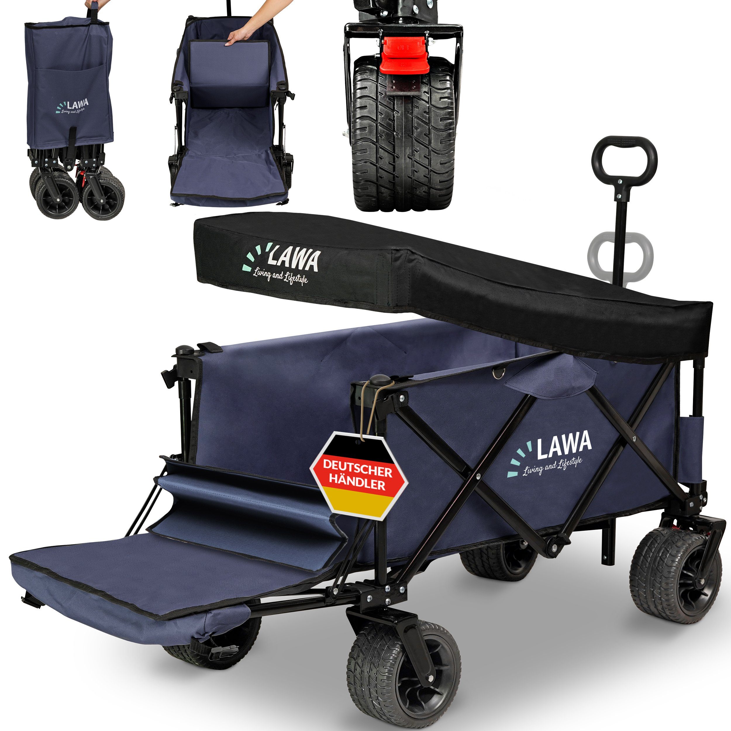 LAWA Living and Lifestyle Bollerwagen faltbar mit Dach klappbarer Handwagen Transportwagen 100kg klein (nur 12,4kg leicht), mit Bremse, Einkaufstrolley mit Heckklappe, sehr kleines Packmaß, Blau