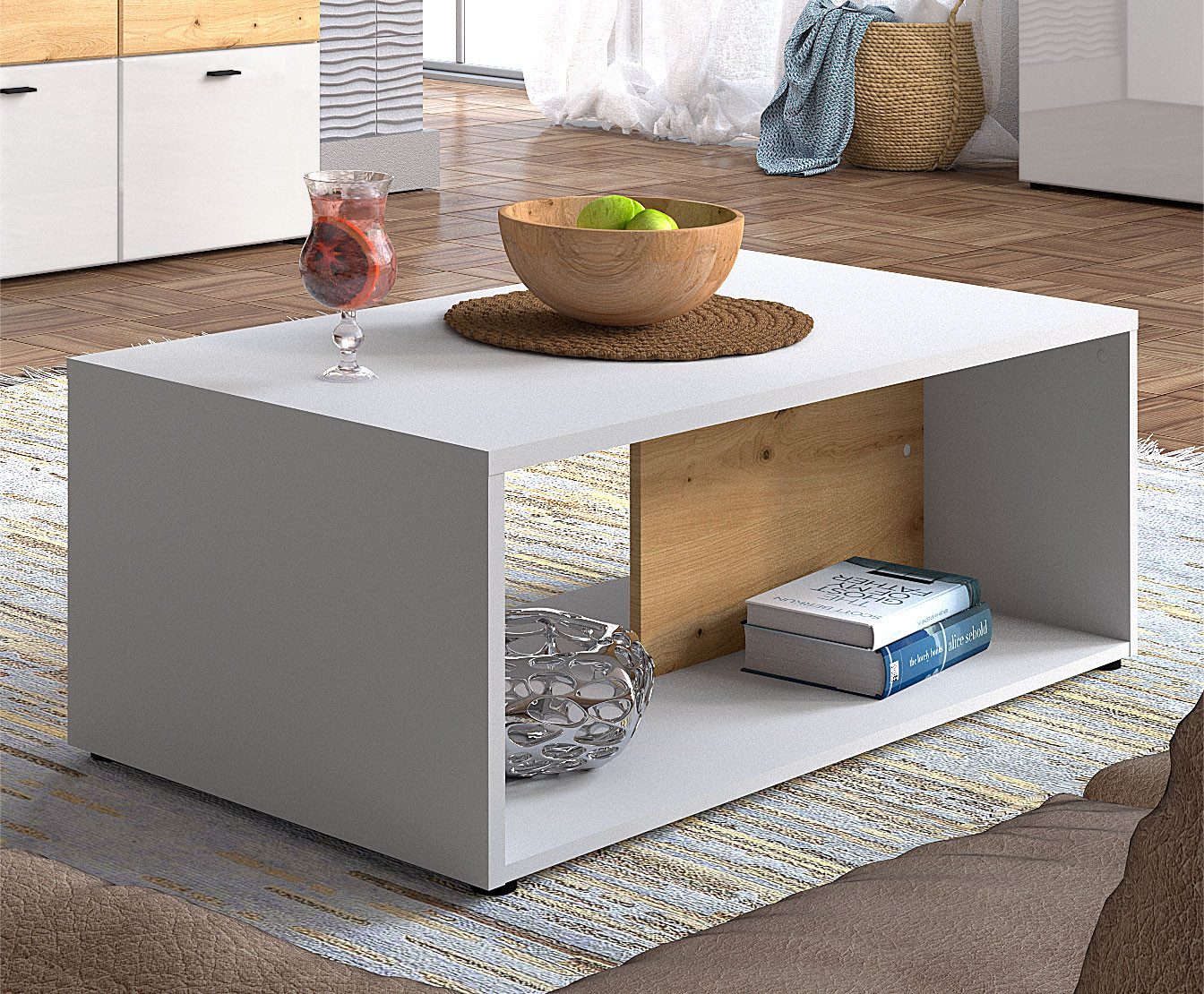 Feldmann-Wohnen Couchtisch Oviedo (offene Ablagefläche, 1-St., moderne Optik, holzfarbene Akzente), 110x60x41cm weiß matt / Artisan Eiche