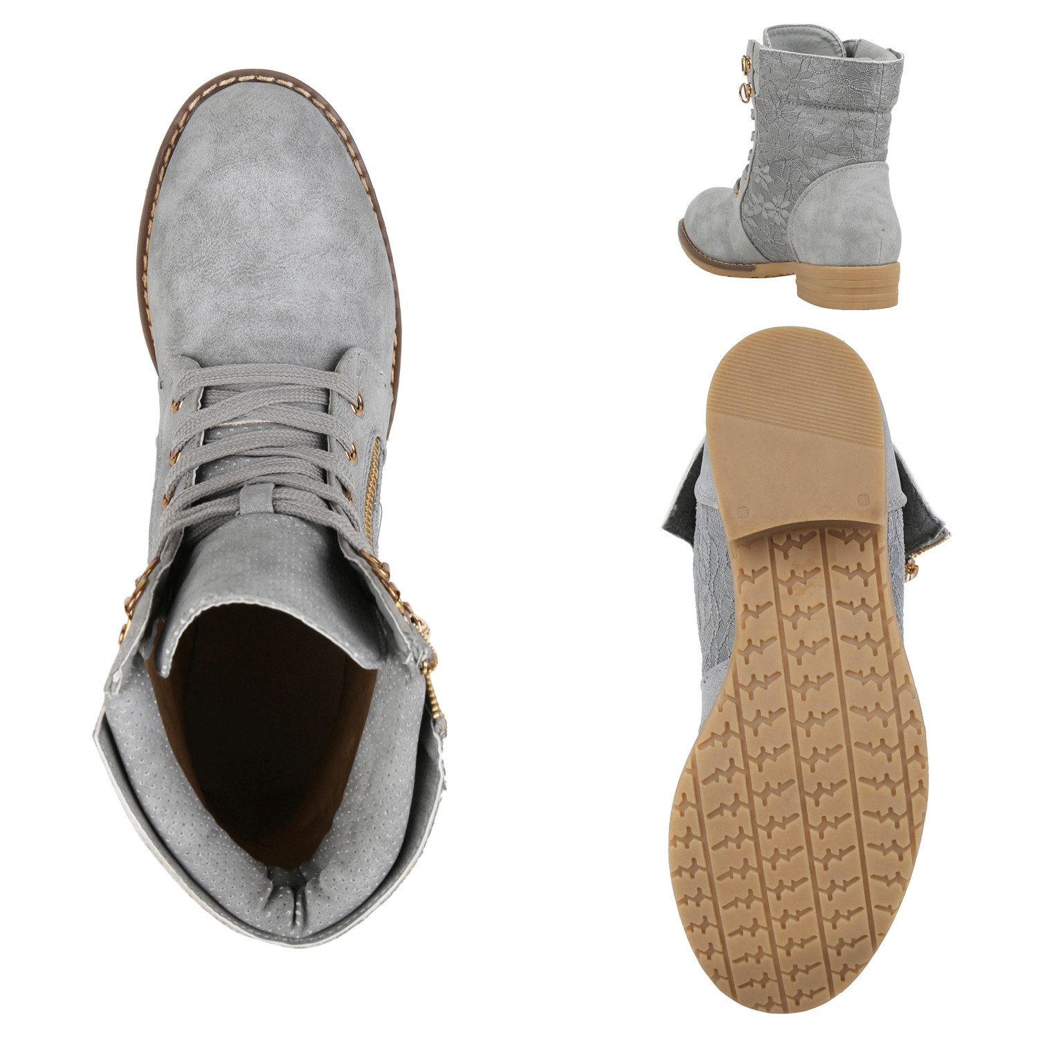 VAN HILL 815442 Schnürstiefelette Damen Schnürstiefeletten Spitze Stiefeletten Zipper Worker Boot