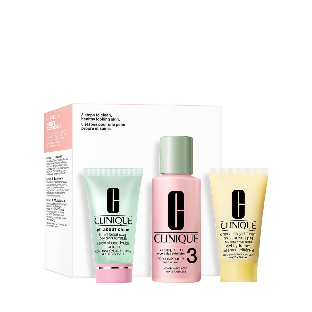 CLINIQUE Gesichtspflege-Set Mini Step 3 Kits 3 = All About Clean Liquid Facial Soap 30 ml + C