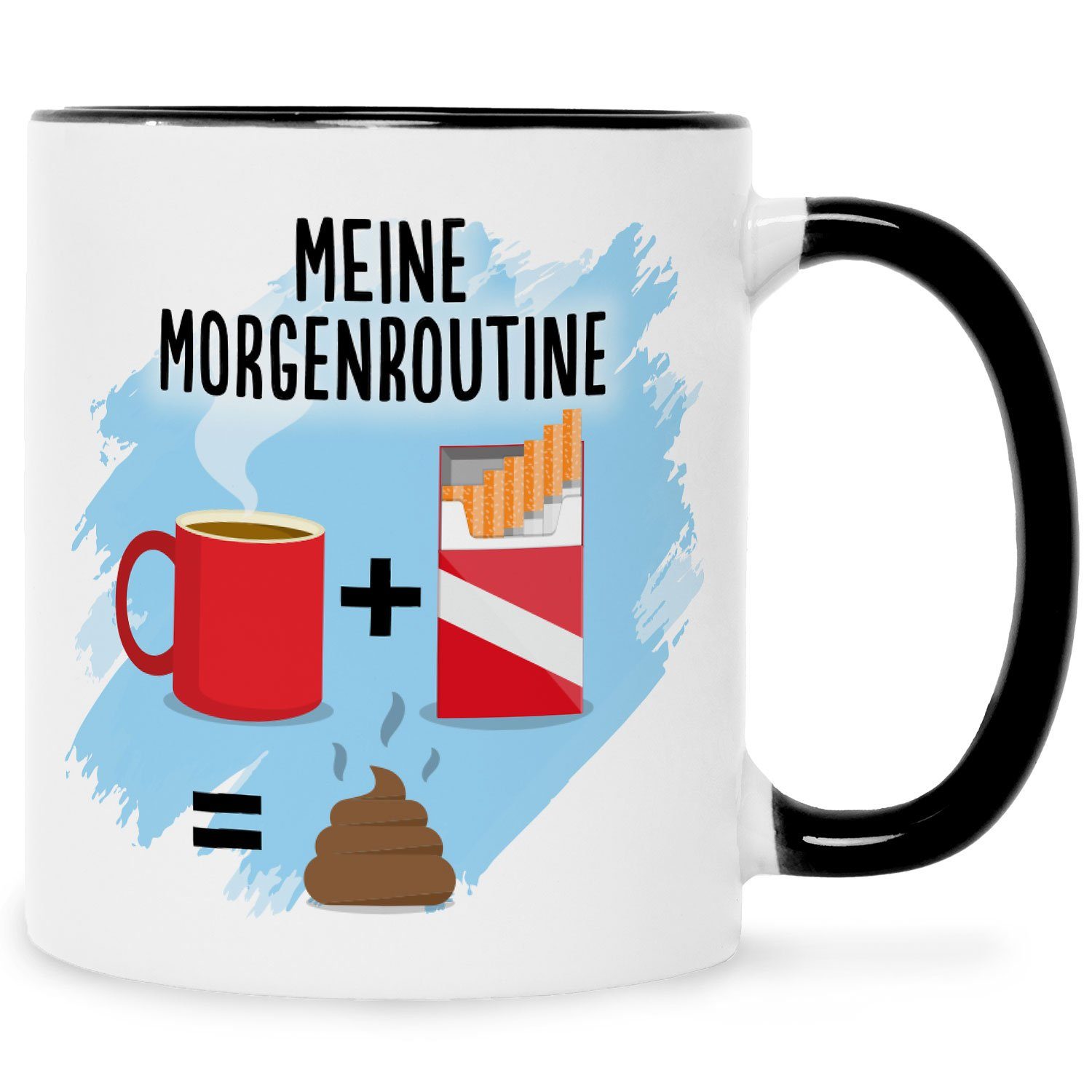 GRAVURZEILE Tasse mit Spruch - meine Morgenroutine, Keramik, Farbe: Schwarz & Weiß