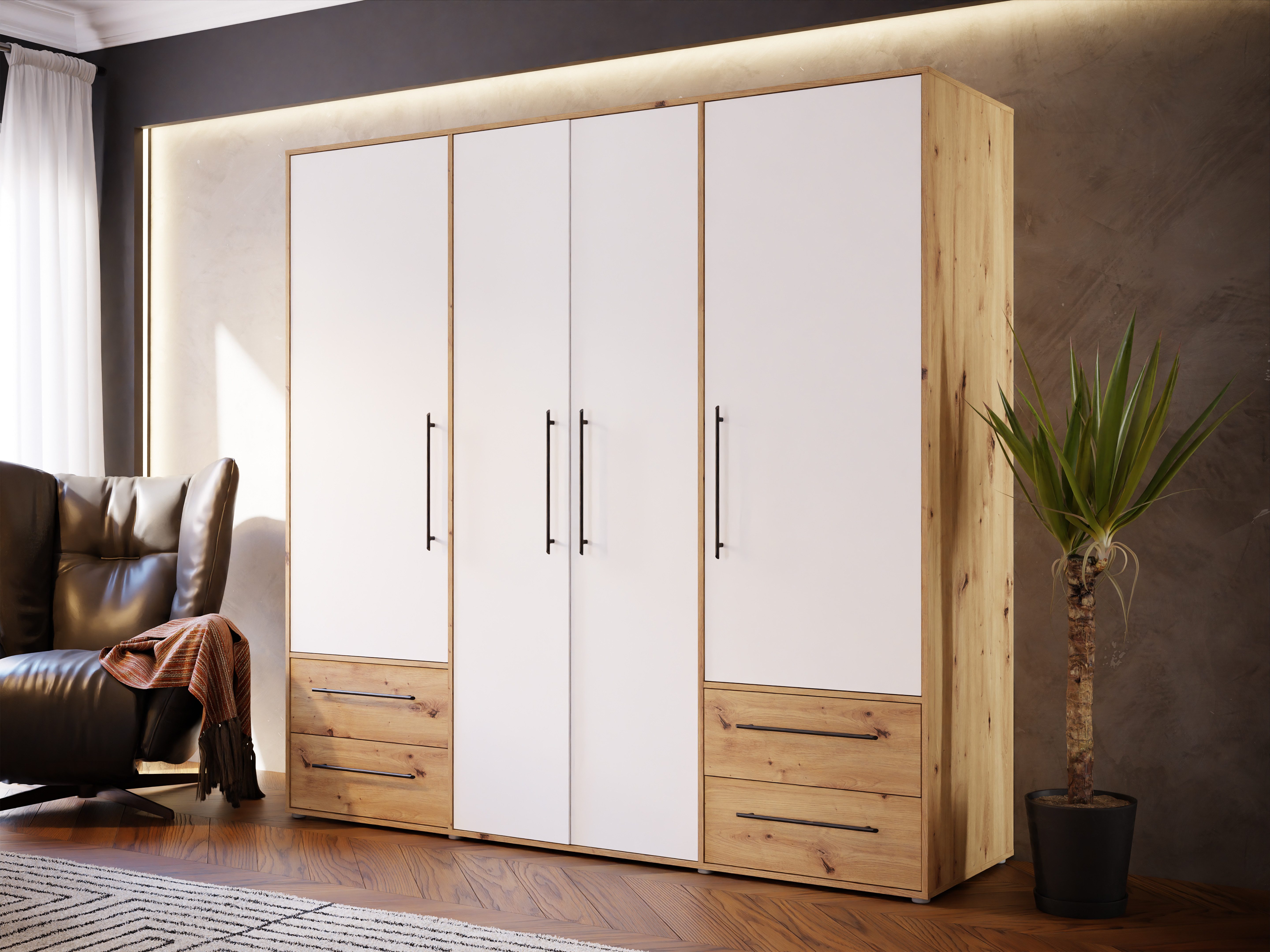 FORTE Kleiderschrank Mokkaris, Garderobe, zeitloses Design, 4 Türen, Made in Europe (B/H/T ca. 206x200x59cm) 4 Schubladen + schwarze Stangengriffe, Made in Euro – Bild 2 von 5