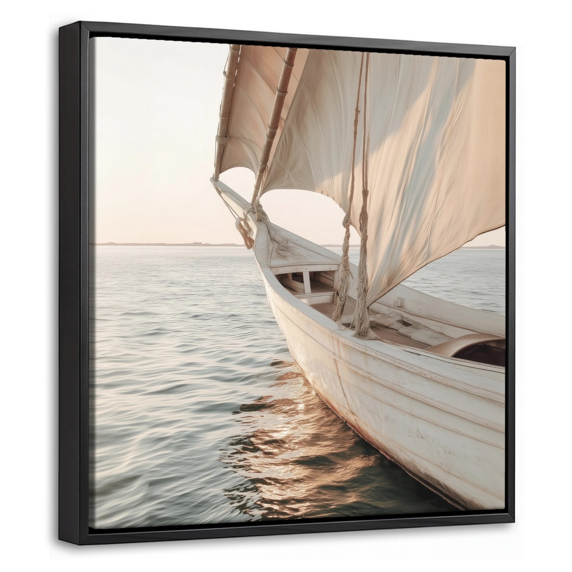 OneMillionCanvasses® Leinwandbild mit Rahmen - Segelboot - Meer - Beige - Sonne, Fotodruck (1 St), Leinwand Bilder Klein, Wand Dekoration Aesthetic 20x20cm