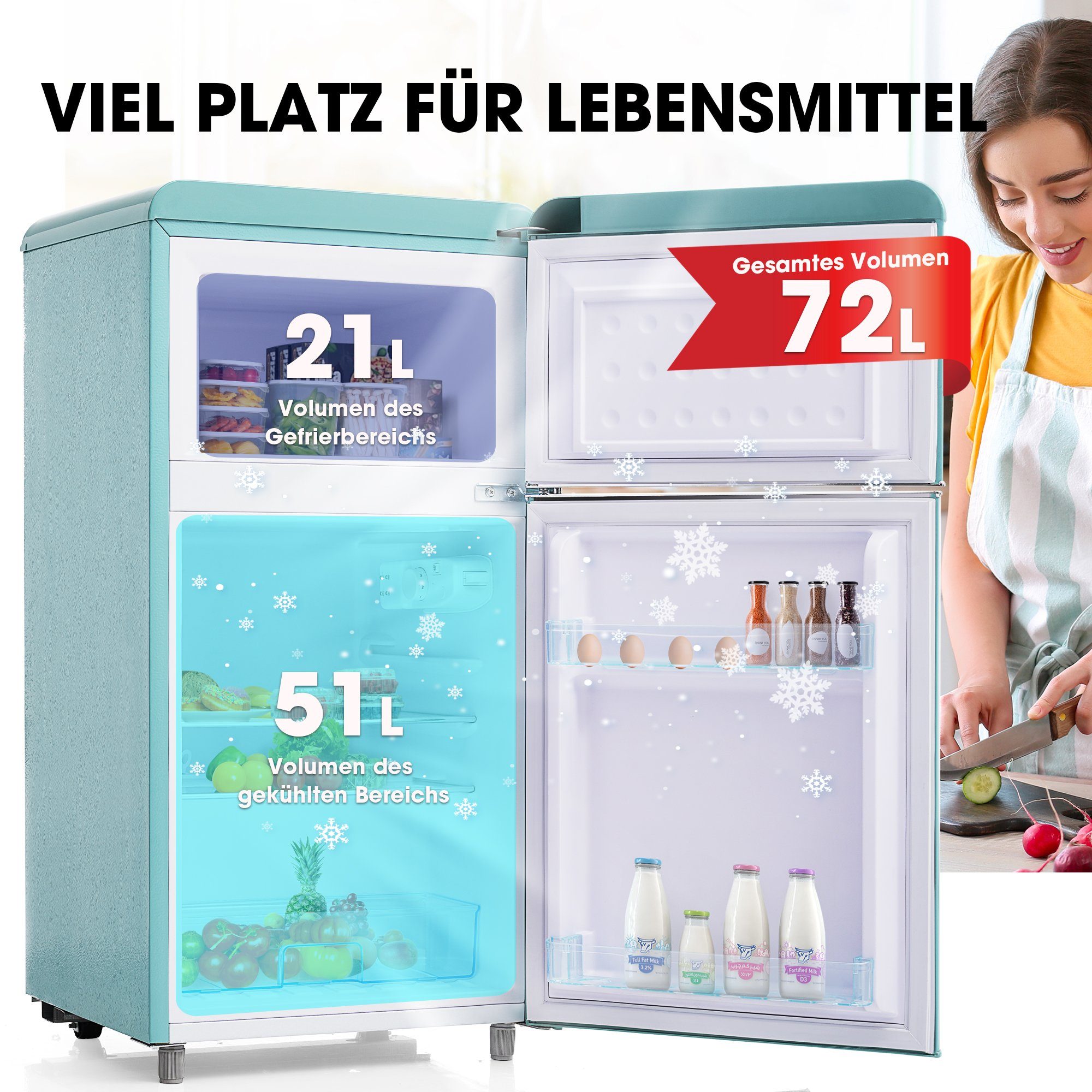 Merax Table Top Kühlschrank Retro Kühl-/Gefrierkombination BCD-100C, 91 cm hoch, 45 cm breit, 72 Liter, Metall Türgriff, verstellebare Ablage und Füße