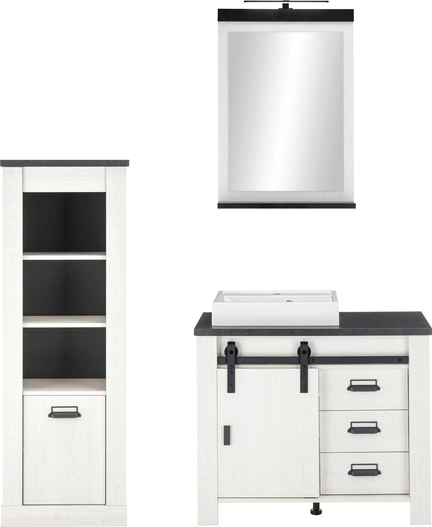 Home affaire Badmöbel-Set SHERWOOD, Bad im modernen Design, 3-teiliges Badezimmer, (3-St), in 2 Farben verfügbar, Scheunentorbeschlag & Apothekergriff aus Metall