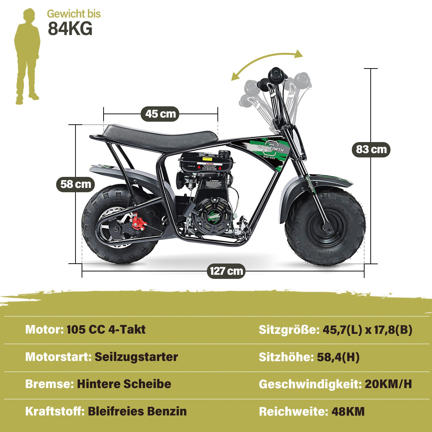 Oryxearth Dirt-Bike Pocket bike Minicross 105cc 20km/h Gasbetriebenes Offroad-Motorrad