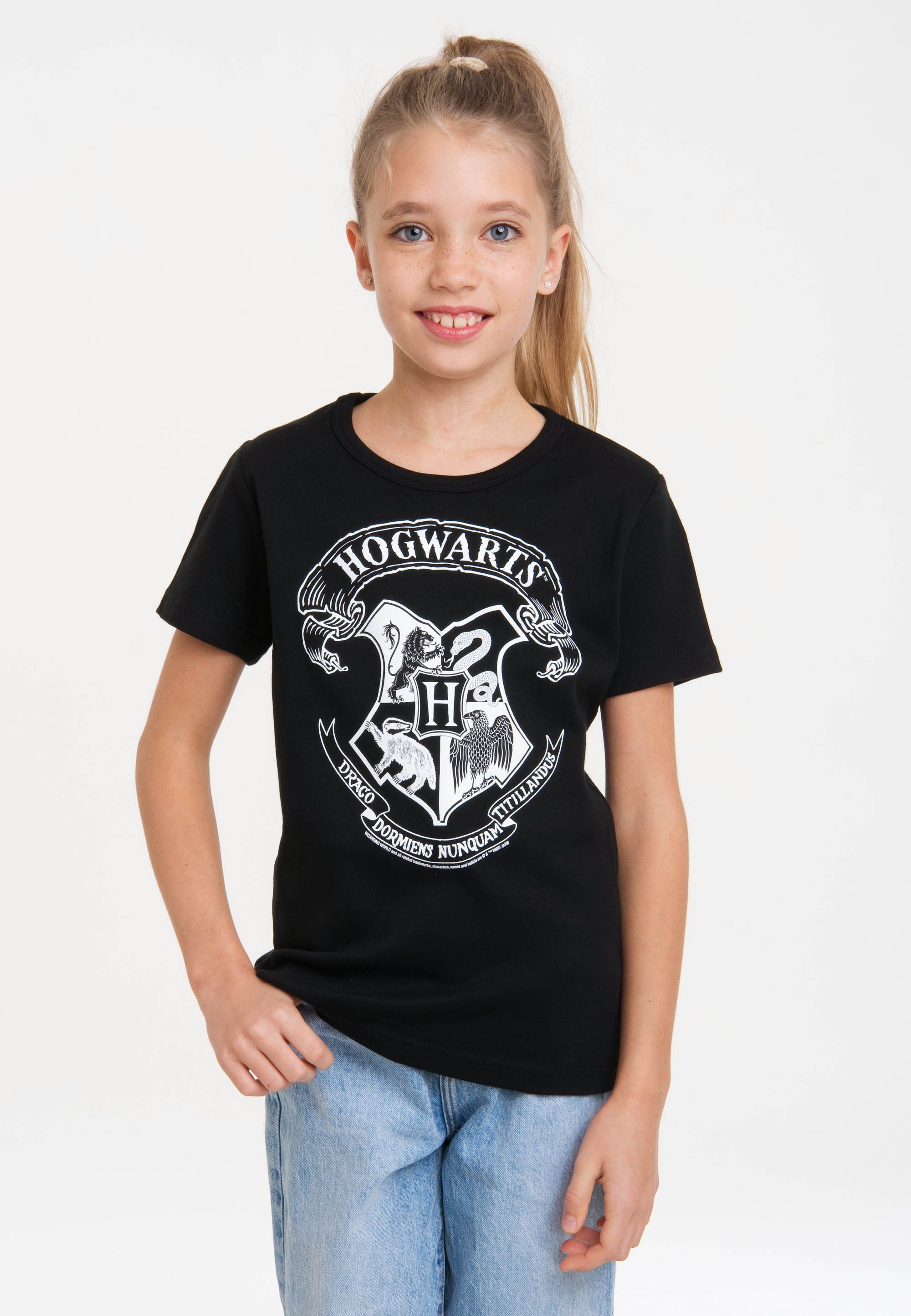 LOGOSHIRT T-Shirt Harry Potter - Hogwarts Logo (Weiß) mit lizenziertem Originaldesign | T-Shirts