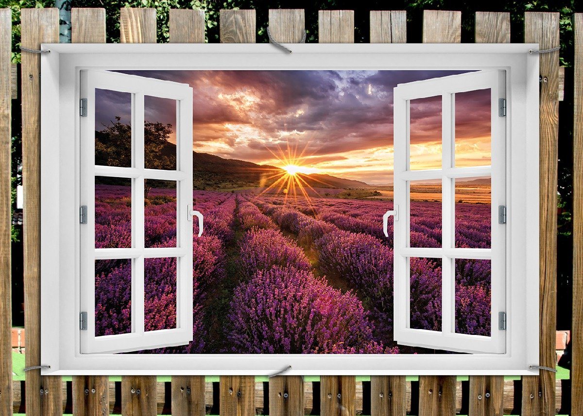 Thumbnail - Wallario Sichtschutzzaunmatten Lavendelfeld bei Sonnenuntergang - Sonnenstrahlen, mit Fenster-Illusion