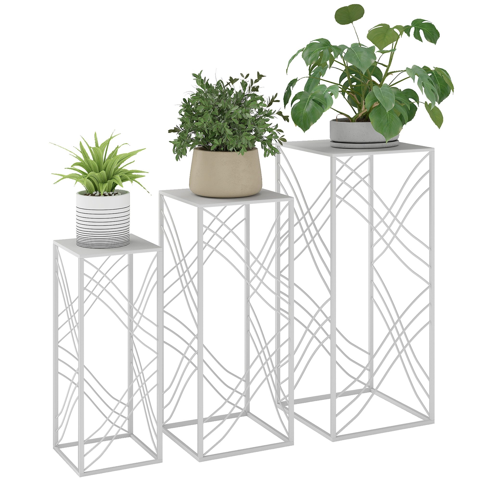 UMAY Blumenständer 3er-Set Pflanzenständer, 50/60/70 cm hoch Blumenständer (stapelbar Pflanzenregal aus Metall Weiß)