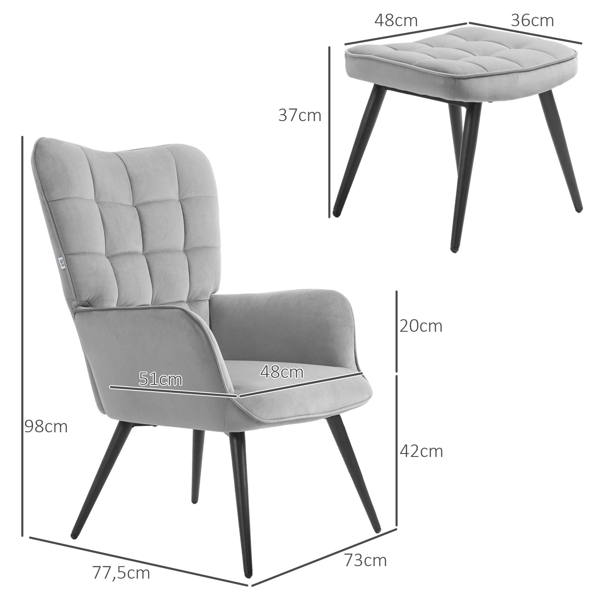 HOMCOM Relaxsessel Polstersessel mit Samtoptik (Esszimmerstuhl, 2-St., Fernsehsessel), bis 120kg, für Wohnzimmer, Hellgrau