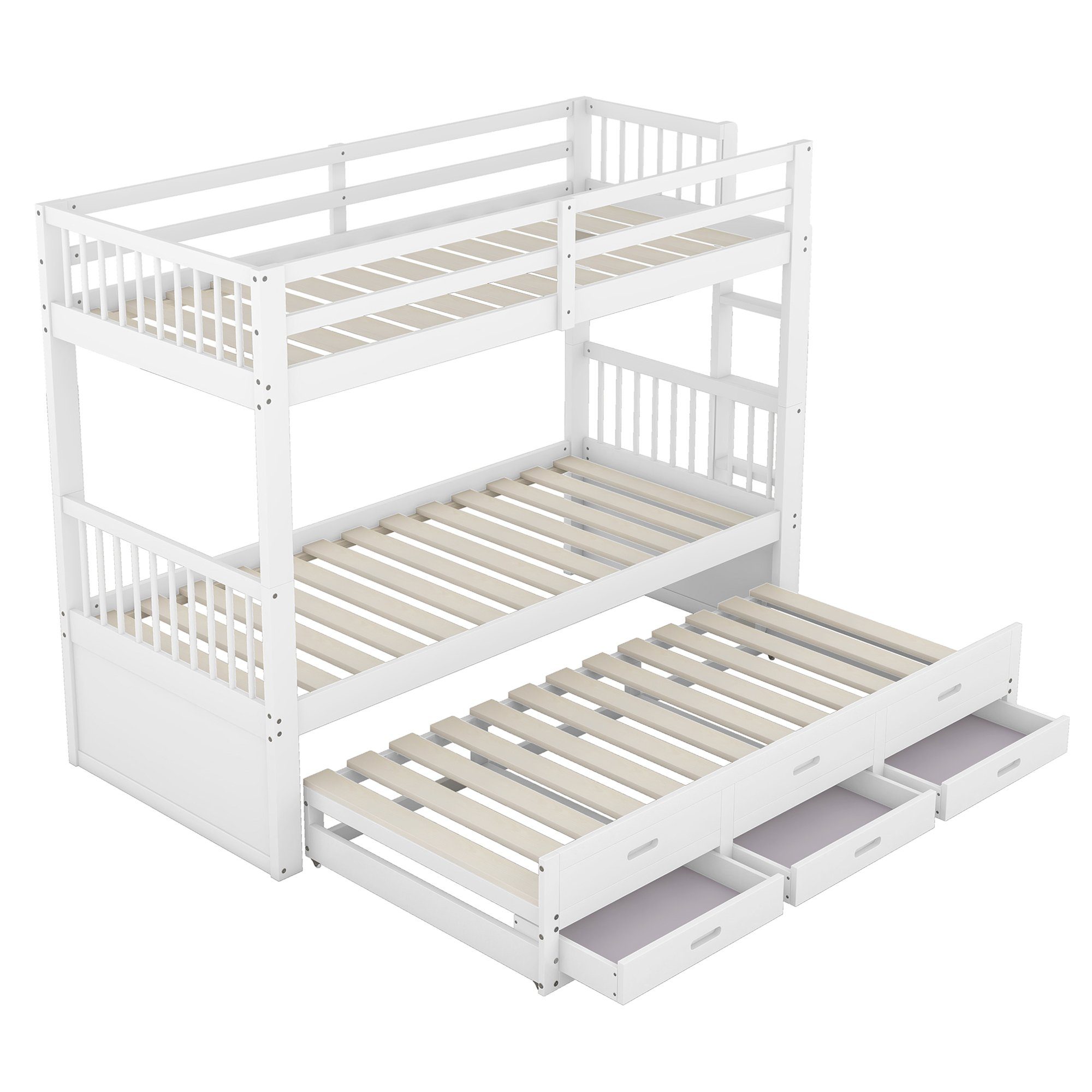 Hausbet Kiefer enthalten Leiter REDOM 90x200cm, Einzelbett Bett, (Bettgestell 3 Kinderbett weiß mit Matratze Schubladen), Bett aus nicht undausziehbarem Etagenbett und MDF