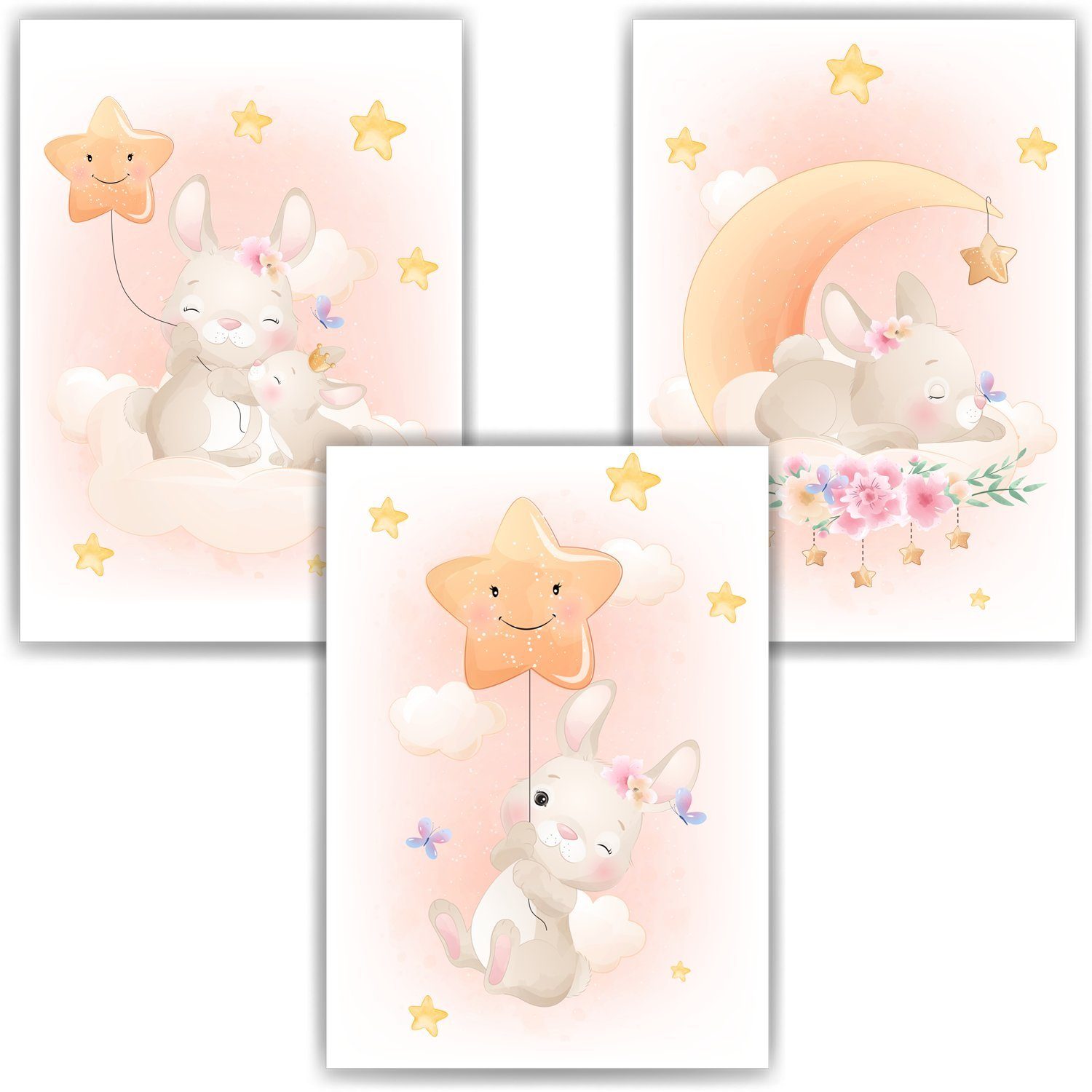 Tigerlino Poster Hase 3er Set Kinderzimmer Bilder Mädchen Babyzimmer Kinderposter
