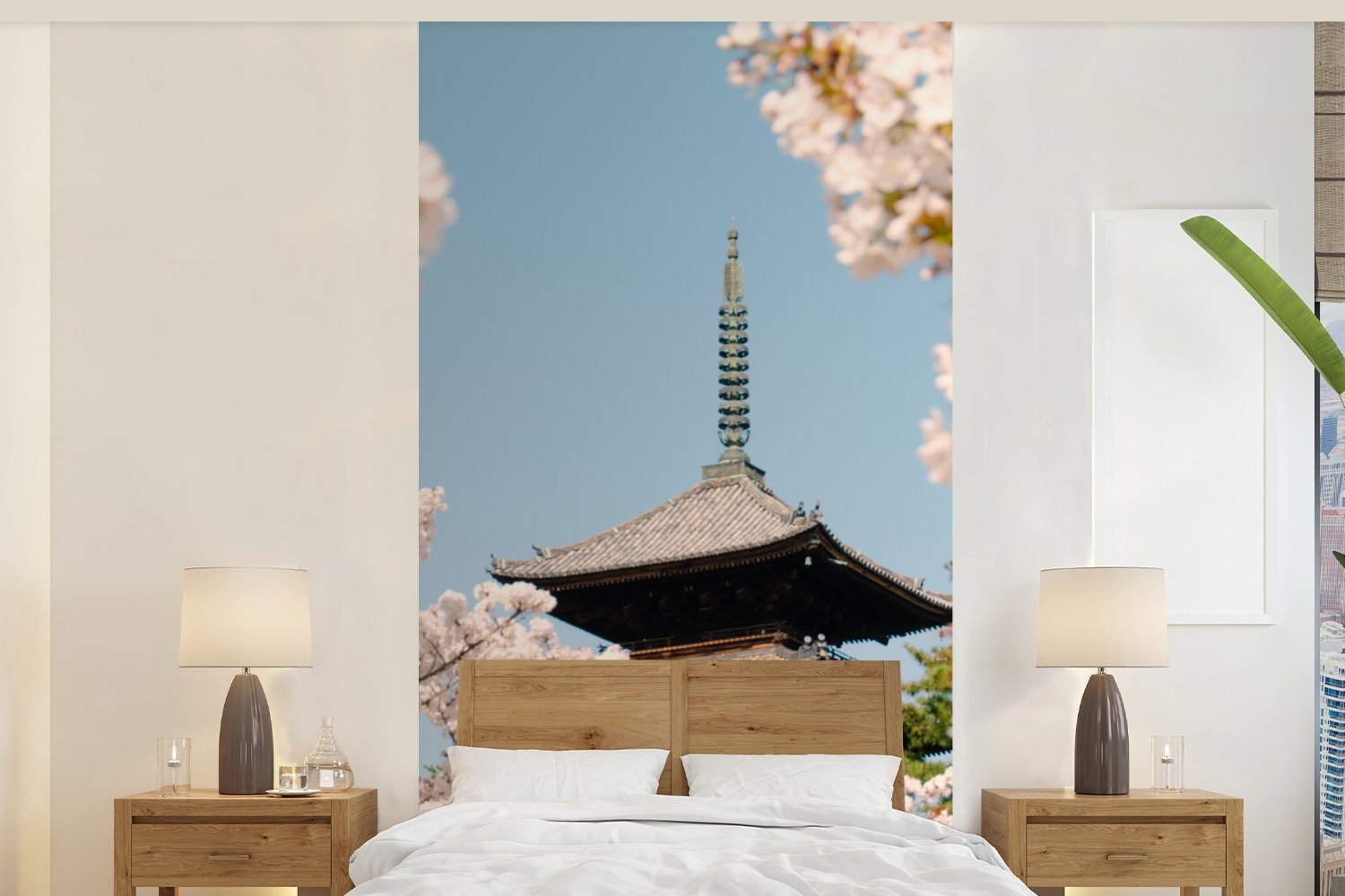 - Schlafzimmer bedruckt, - - Küche, Wohnzimmer Matt, (2 St), Blütenbaum Japan Frühling, - Vliestapete MuchoWow Pagode Fototapete Fototapete Sakura für