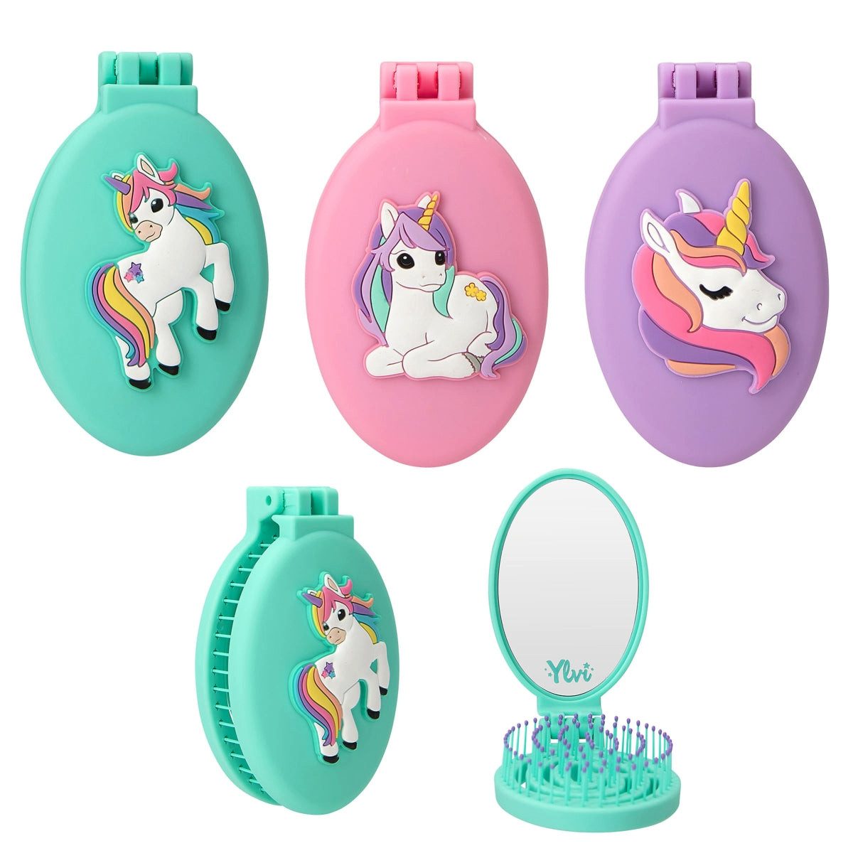 Depesche Badaccessoire-Set Ylvi Klapphaarbürste mit Einhorn - Praktische Haarbürste mit Spiegel