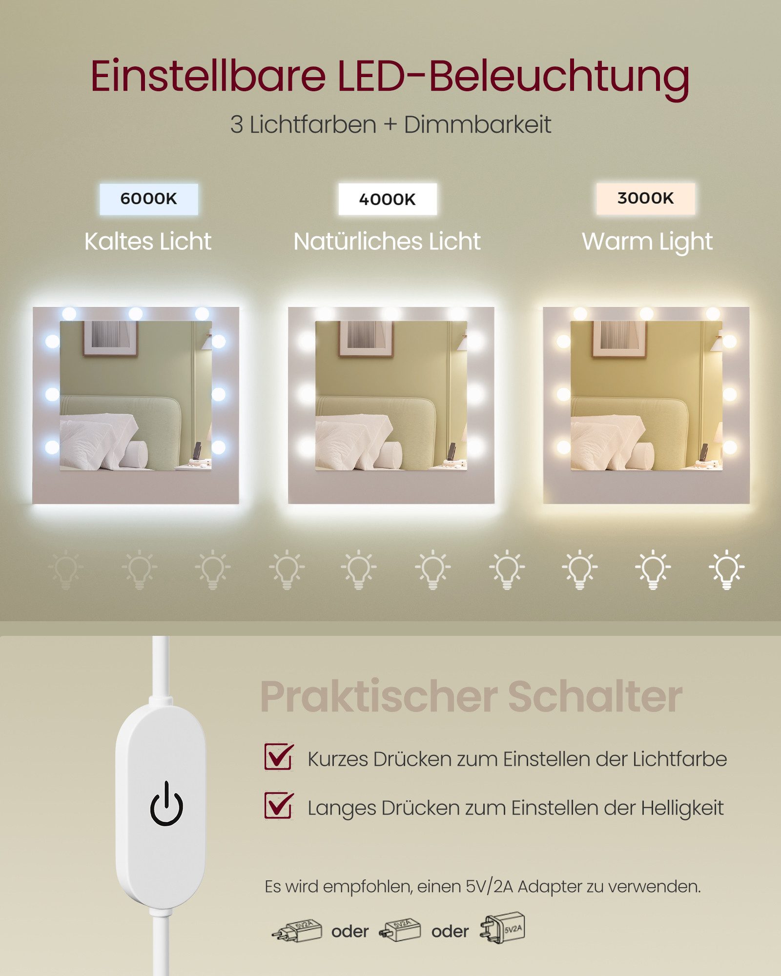 VASAGLE Schminktisch Kosmetiktisch mit Spiegel und 9 dimmbare Glühbirnen, 3 Lichtfarben (1 Tisch mit 1 Hocker), 40 x 107 x 144 cm (T x B x H), 9 Schubladen, müh – Bild 5 von 5