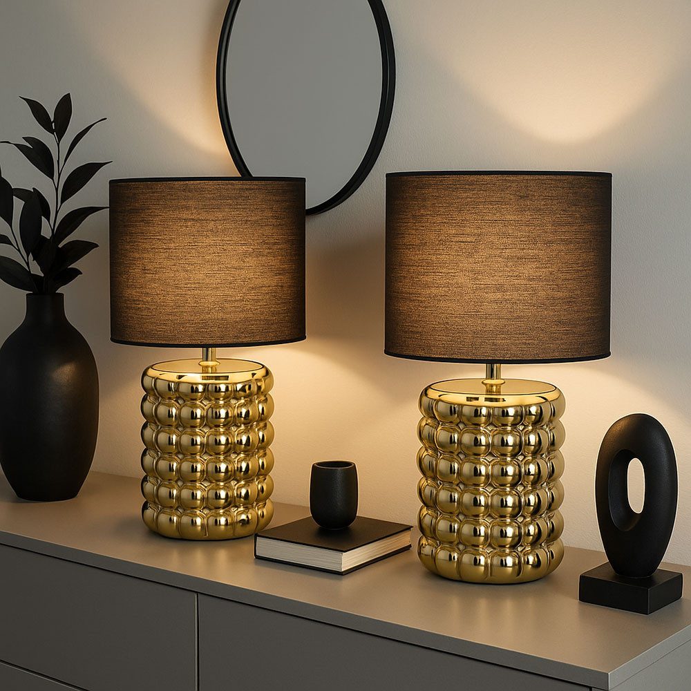 GLOBO LIGHTING Tischleuchte, Leuchtmittel nicht inklusive, Tischlampe Tischleuchte Nachttischlampe Keramik gold Textil schwarz 2x