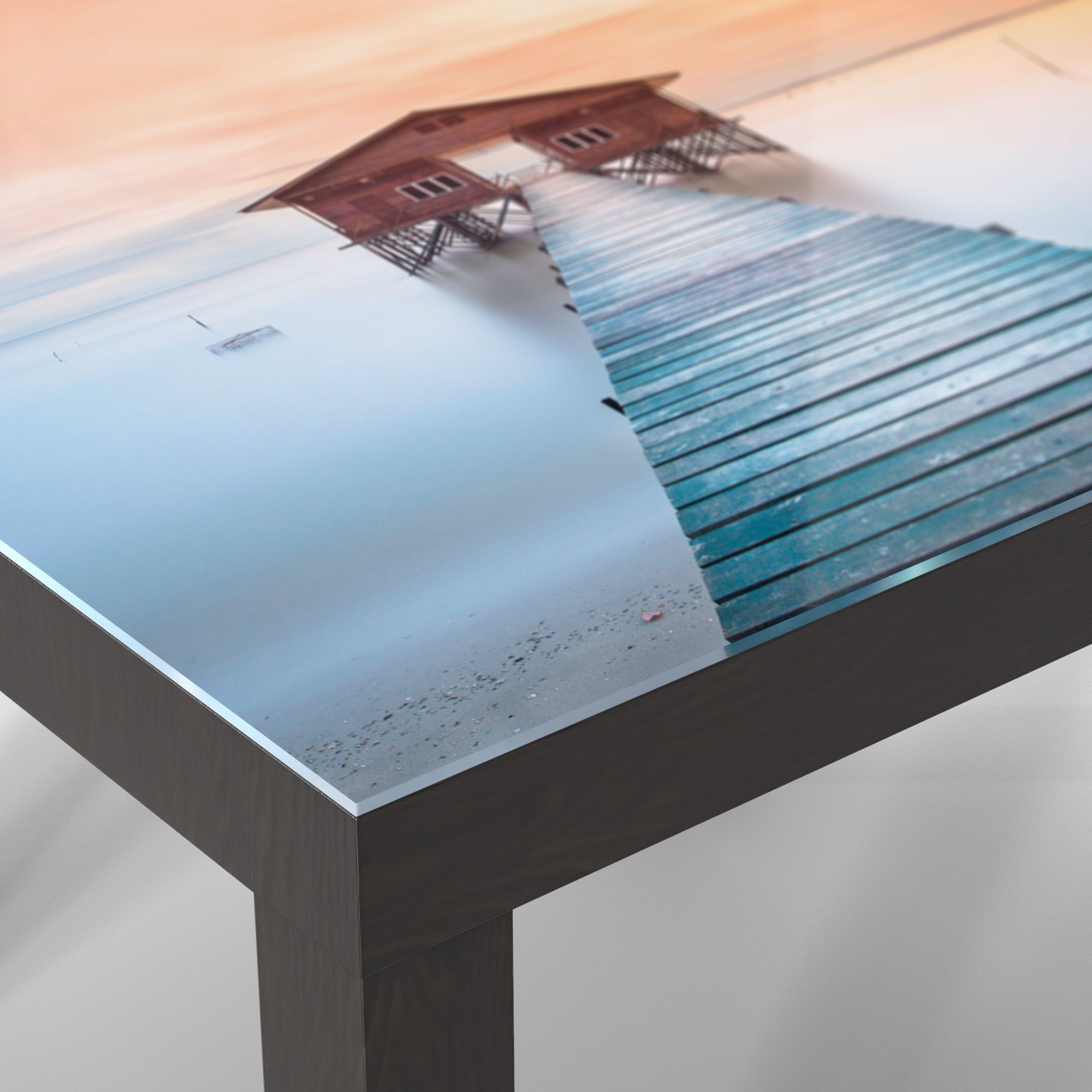 DEQORI Couchtisch 'Holzsteg mit Schwarz Hütte', Glastisch modern Beistelltisch Glas