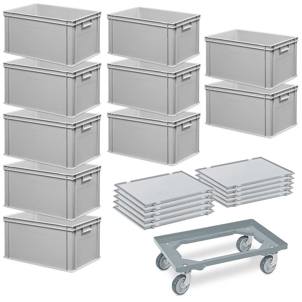 Stapelbox 10 Euroboxen (600x400x320 mm) + 10 Scharnierdeckel + 1 Transportroller