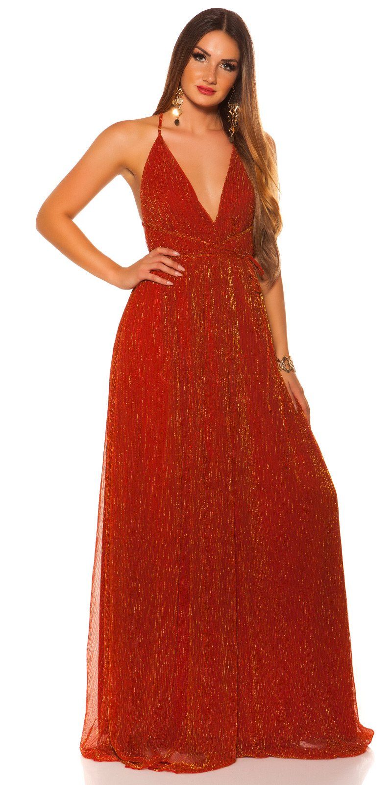 Koucla Abendkleid Maxikleid mit offenem Rücken im Plissee-Stil glänzendes, glitzerndes Material, Plissee rotgold