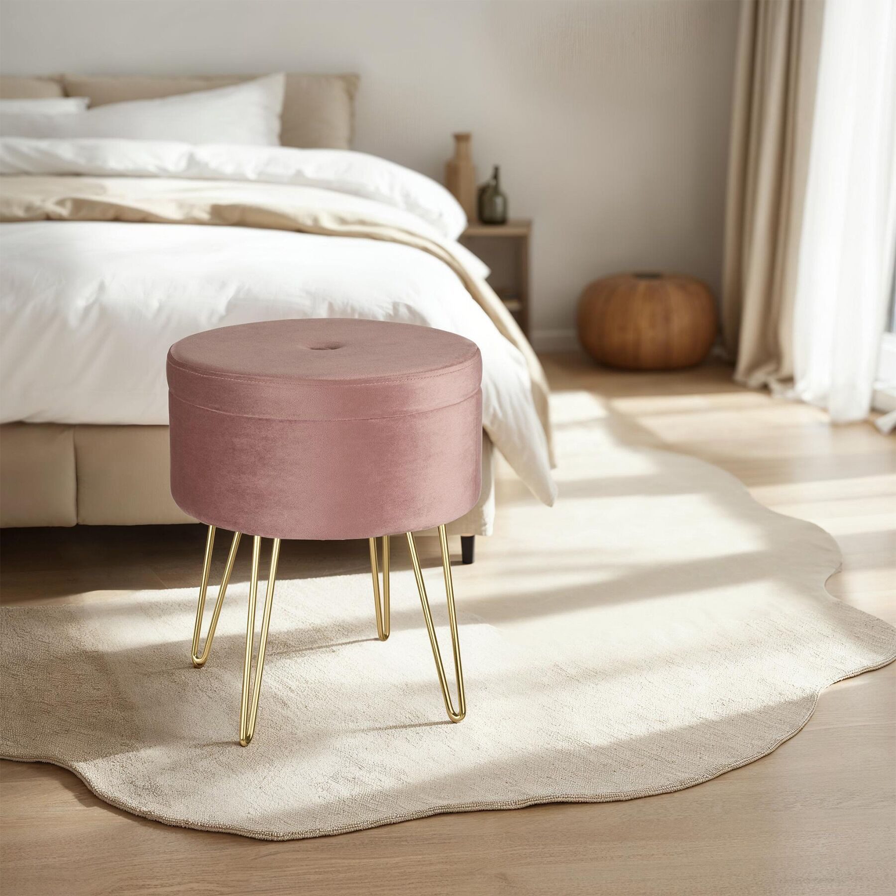 tectake Sitzhocker Hocker mit Stauraum in Samtoptik, 37,5 x 44,5 cm (Samthocker Ava, in rosa), rund, gepolstert, Belastbarkeit 300 kg