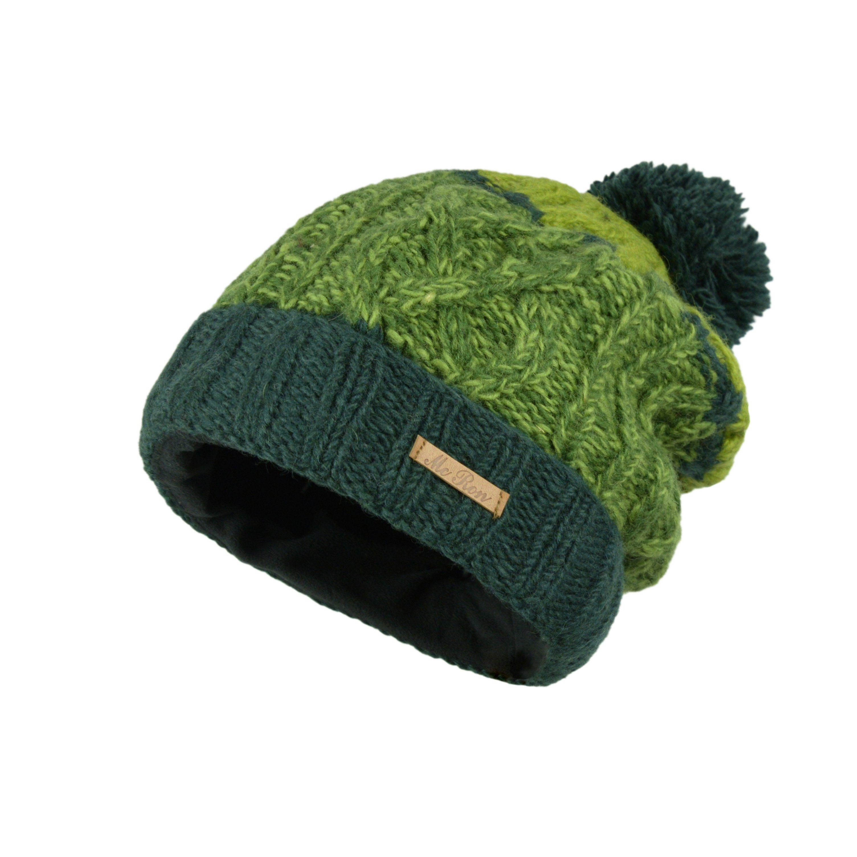 McRon Strickmütze Farbenfrohe Wollmütze mit Bommel Modell Tavis mit Umschlag Grün