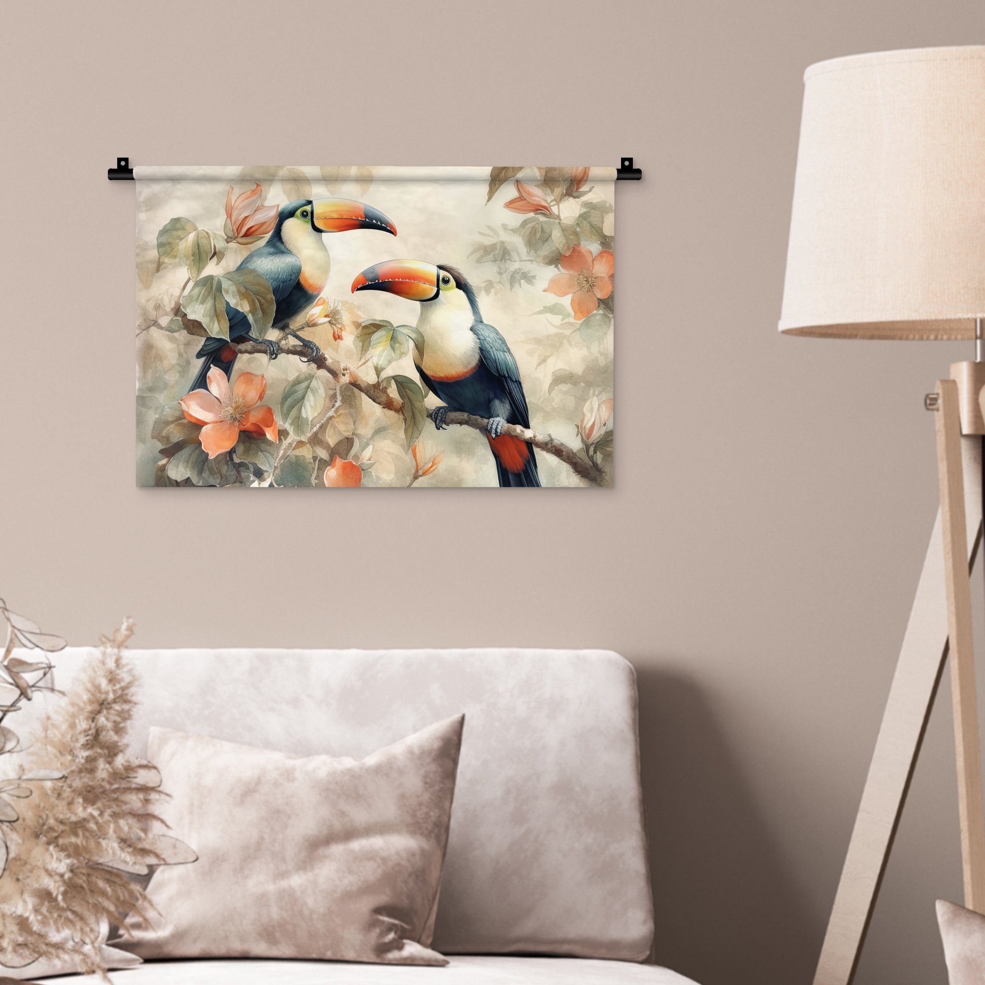 MuchoWow Wanddekoobjekt Tukan - Vögel Wandbehang, Schlafzimmer, für Wohnzimmer, Zweig, - Blumen Kinderzimmer Wanddeko Kleid, 