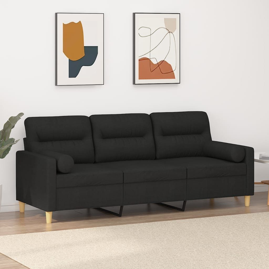 vidaXL Sofa 3-Sitzer-Sofa mit Zierkissen Schwarz 180 cm Stoff