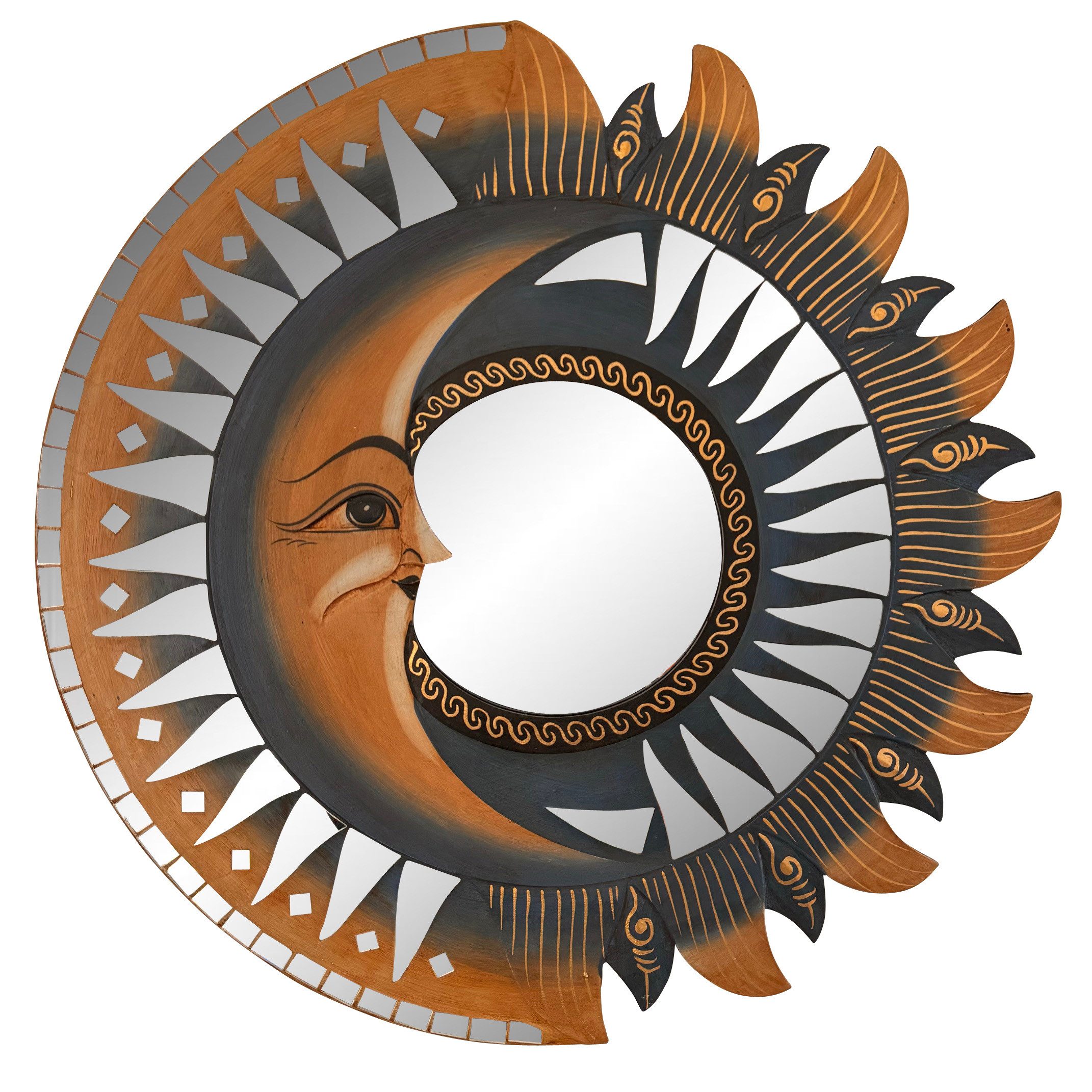 Online-Fuchs Dekospiegel aus Holz mit großem Halbmond - rund, Wand, Flur - 60 cm groß (Wandspiegel, Eyecatcher), kunstvoll gestaltetes Halbmond- und Sonnendesign