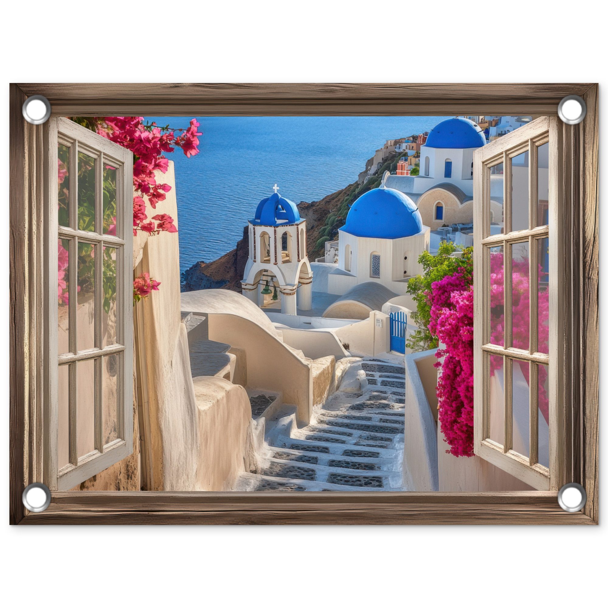 OnlyWow Poster für Garten Durchsichtig - Santorini - Landschaft - Blau - Griechisch, Gartenposter, Outdoor Bilder, Gartendekoration Bild, 40x30 cm