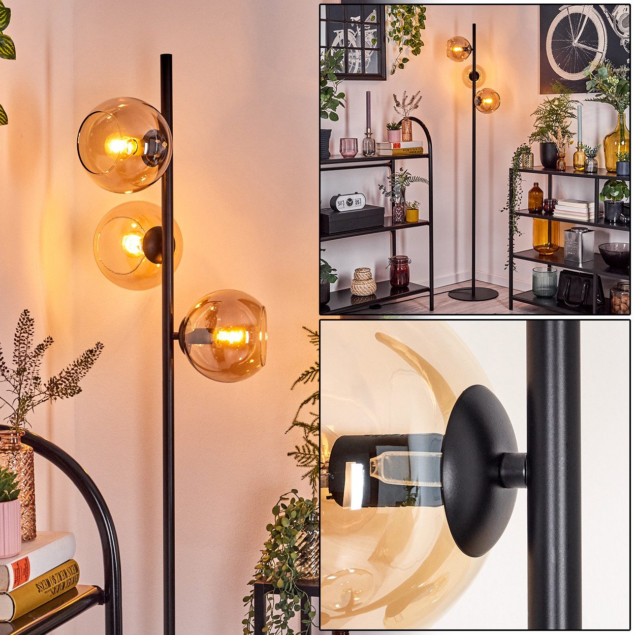 Stehlampe Stehlampe aus Metall/Glas in Schwarz/Bernstein mit Fußschalter