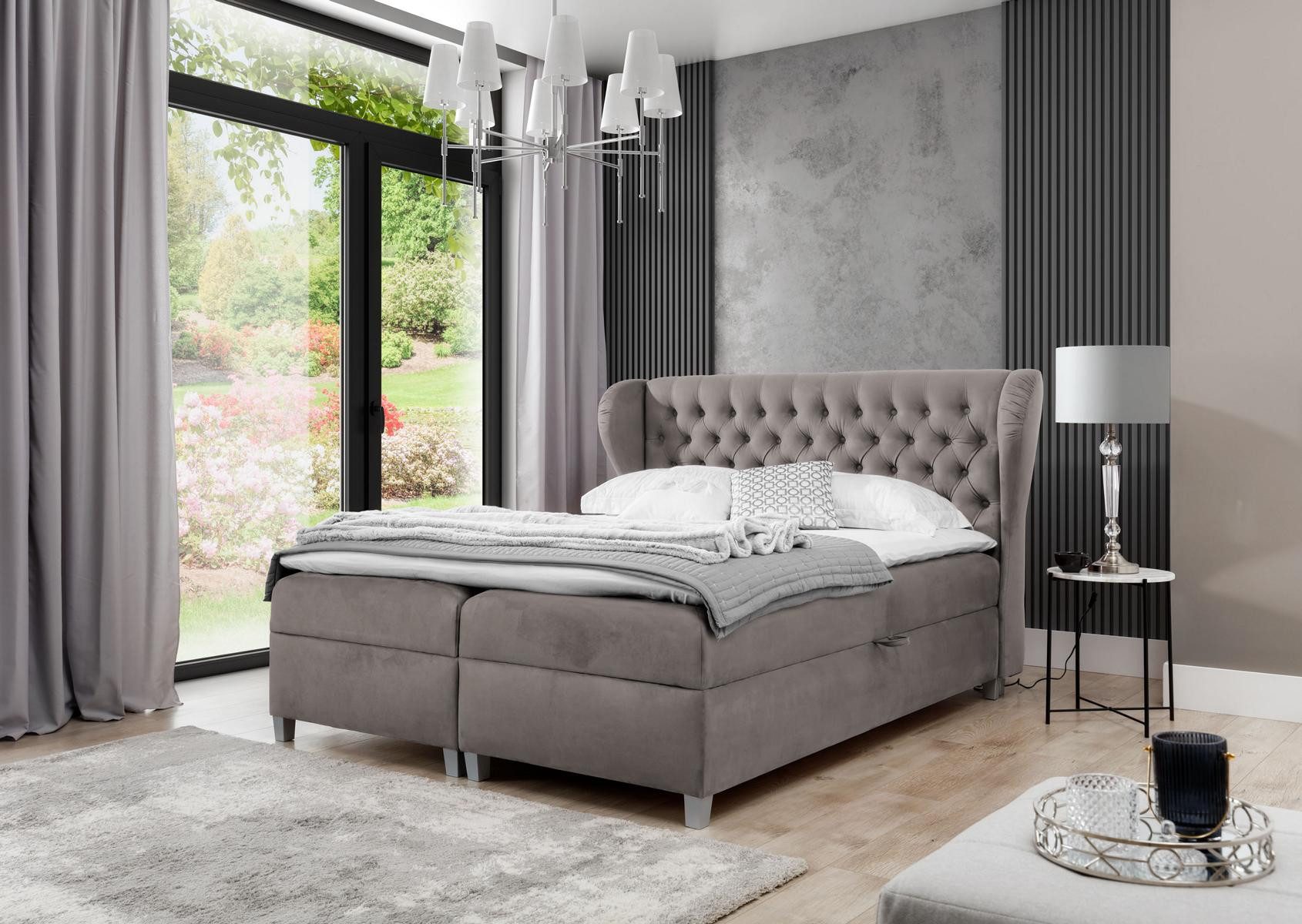 JVmoebel Boxspringbett Chesterfield-Boxspringbett in elegantem Grau mit Stauraum (1-St)