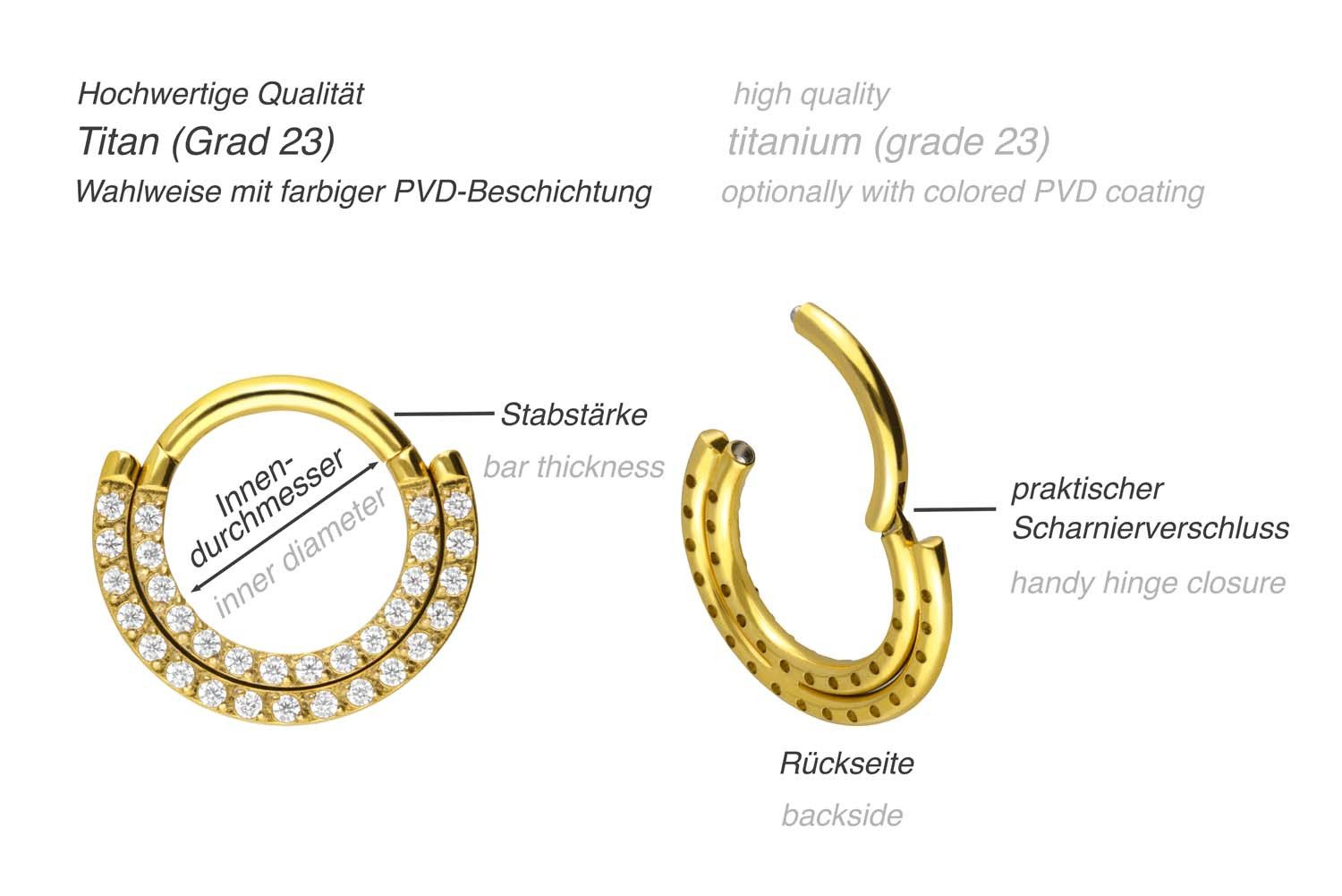 PIERCINGLINE Nasenpiercing Titan Segmentring Clicker 2 KRISTALLREIHEN Ohrpiercing Septum Nase (Clicker, 1-tlg), Ohrpiercing für Conch, Helix, Tragus, Daith, Lobe