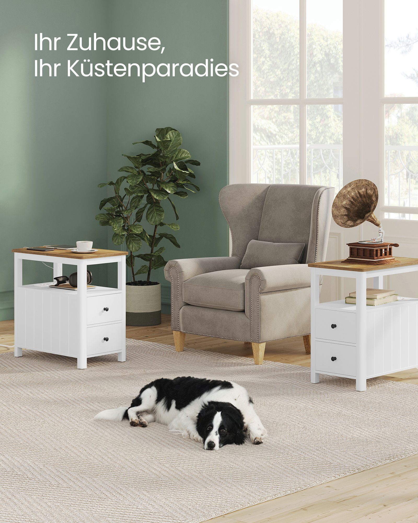 VASAGLE Beistelltisch (1-St), mit Steckdosenleiste, 2 Schubladen, maritimer Stil, 60 x 35 x 61 cm