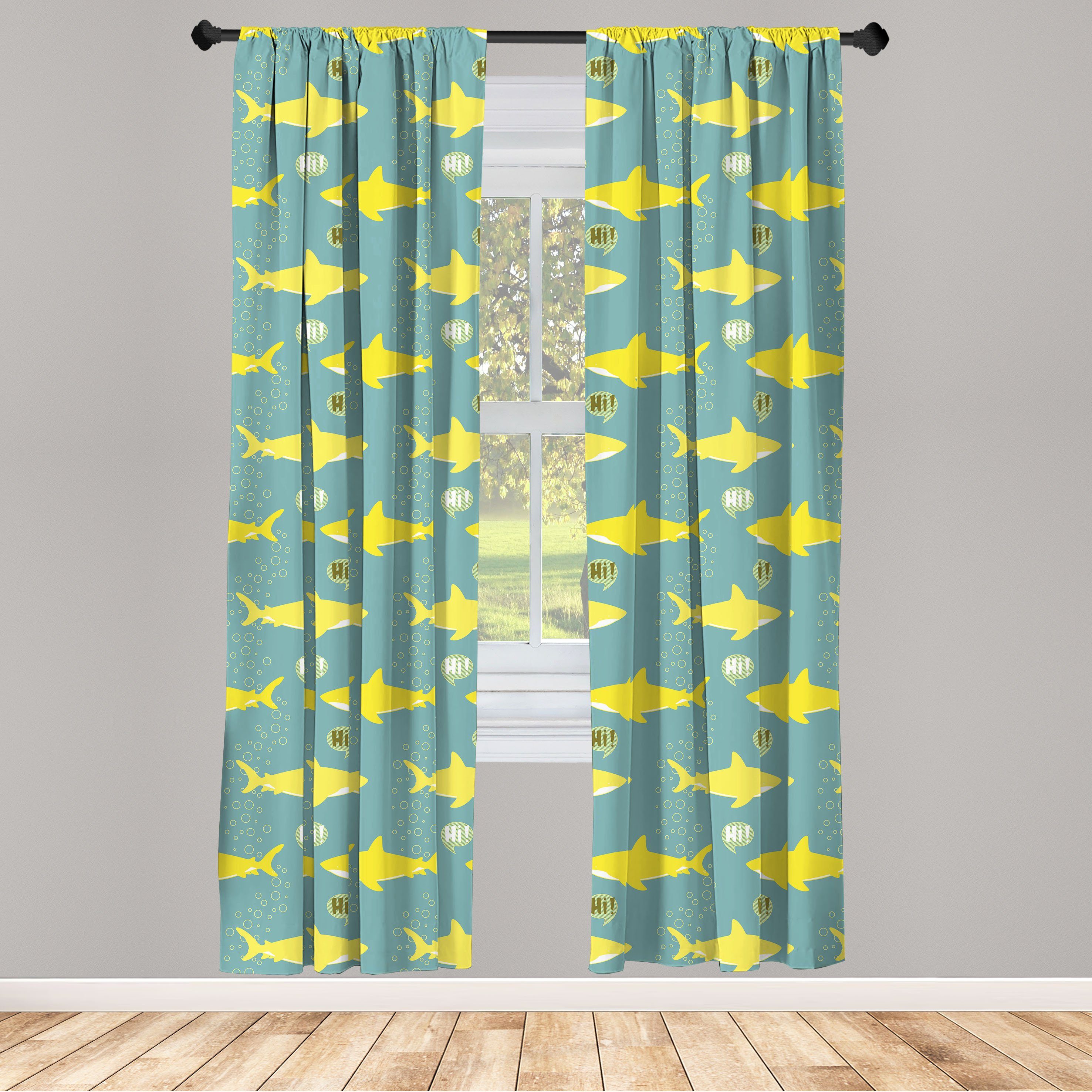 Gardine Vorhang für Wohnzimmer Schlafzimmer Fische Dekor, gelbe Hai Microfaser, Freundliche Abakuhaus